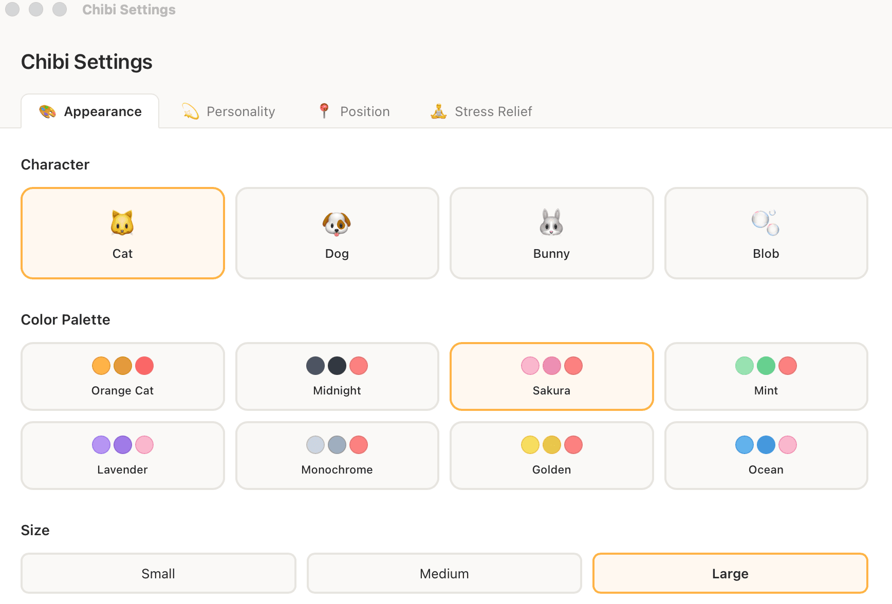 Chibi settings window showing four tabs — Appearance, Personality, Position, Stress Relief