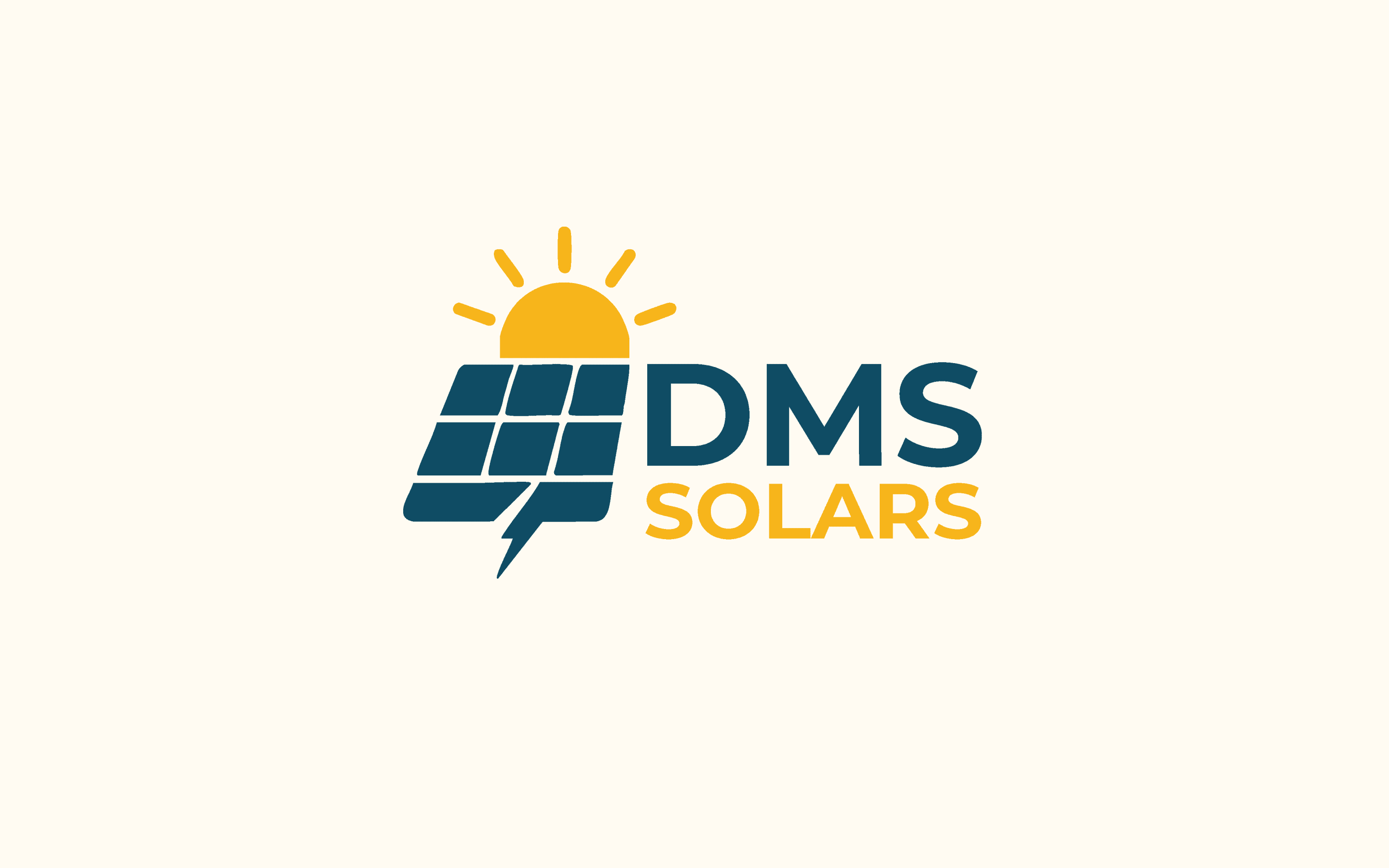 DMS Solars Brand Guide cover — primary logo (a teal solar panel with a yellow sun rising over it and a lightning bolt cut into the lower-left) plus the wordmark DMS in teal and SOLARS in yellow, set on a cream background with the headline 'Brand Guide'