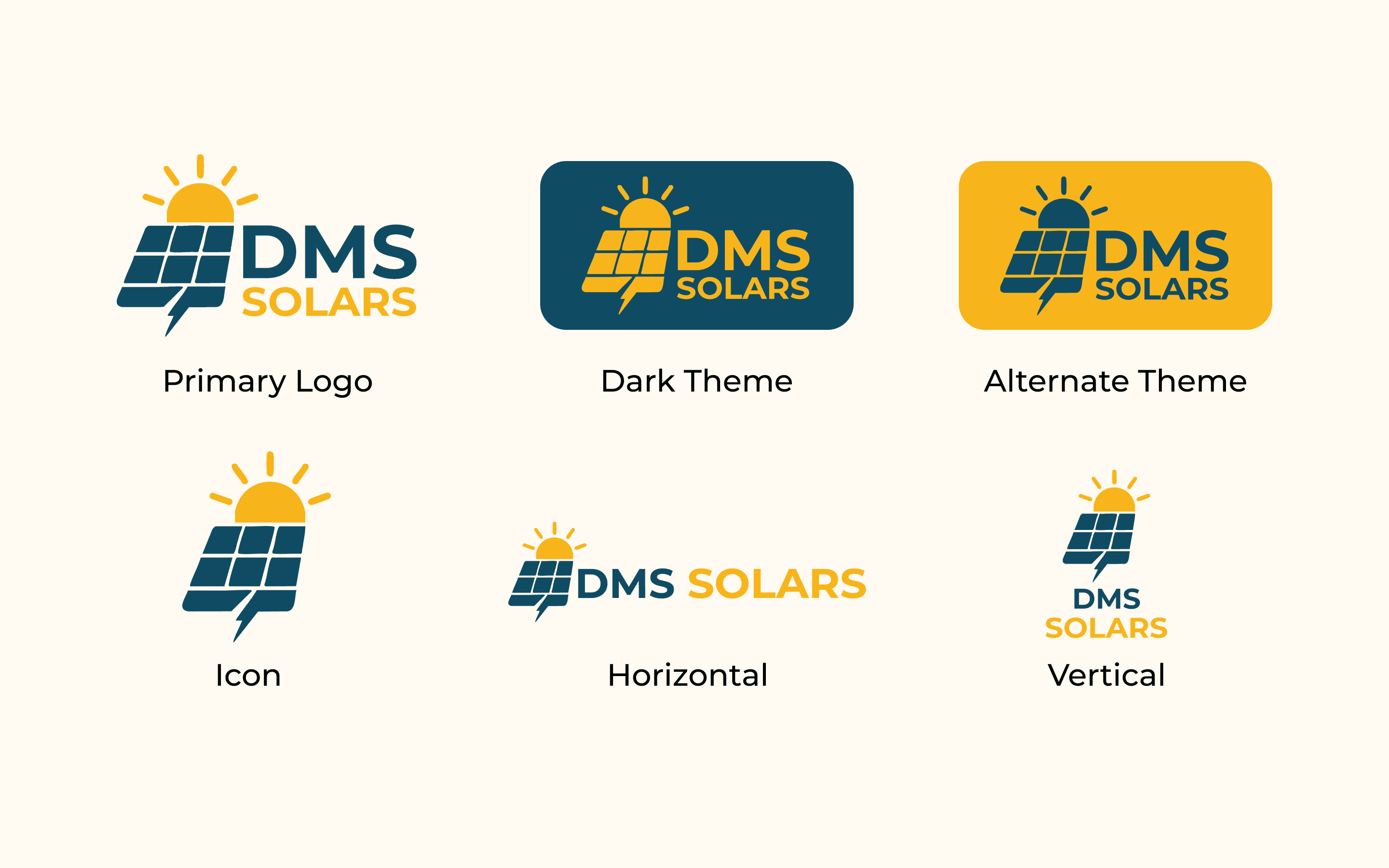 Logo usage page showing six lockup variants — Primary Logo, Dark Theme (logo in yellow on navy), Alternate Theme (logo in navy on yellow), Icon (the panel-and-sun mark alone), Horizontal lockup, and Vertical lockup