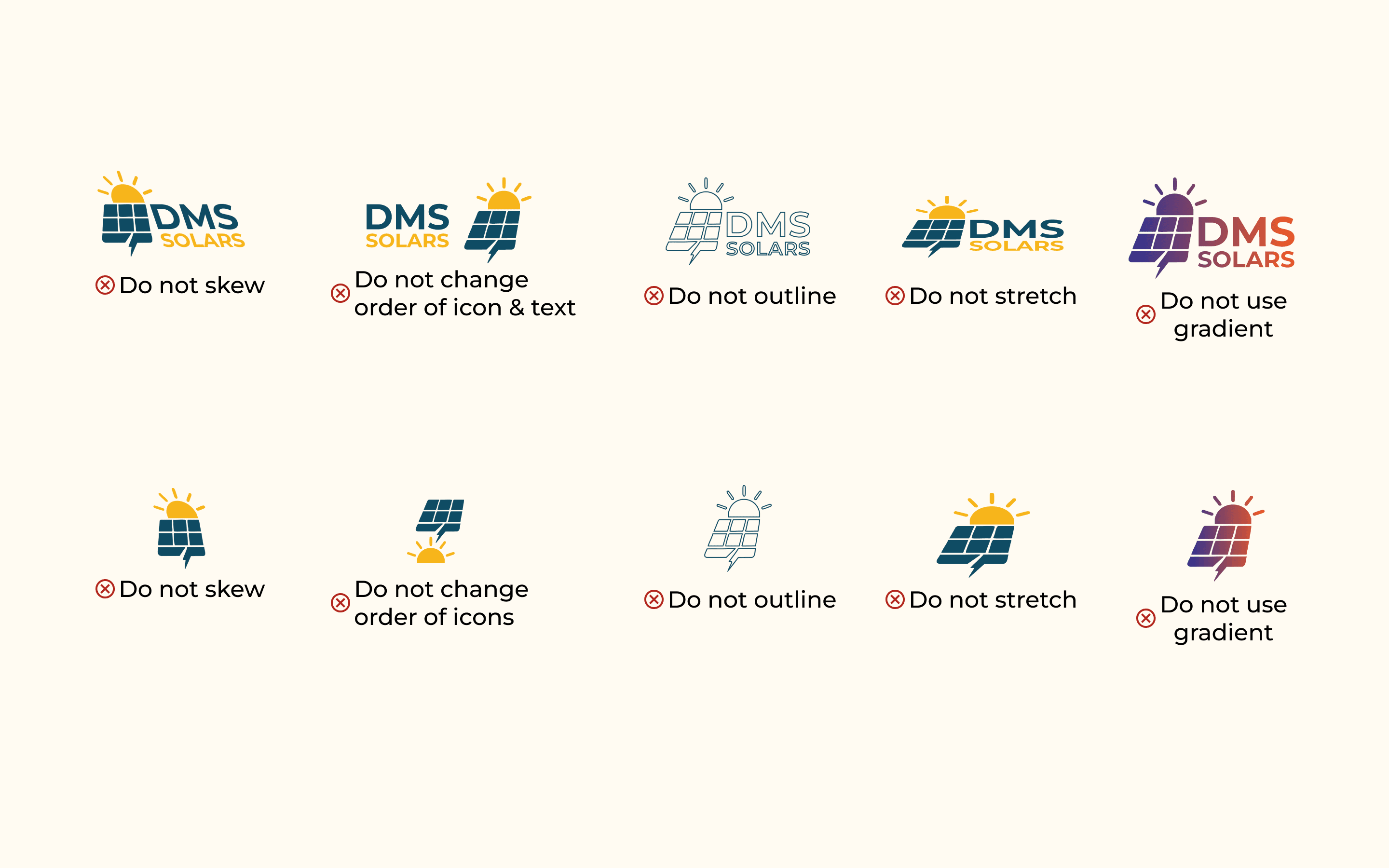 Incorrect Usage page — ten don'ts shown in a two-row grid, covering both the lockup and the icon-only mark — including Do not skew, Do not change order of icon and text, Do not outline, Do not stretch, Do not use gradient