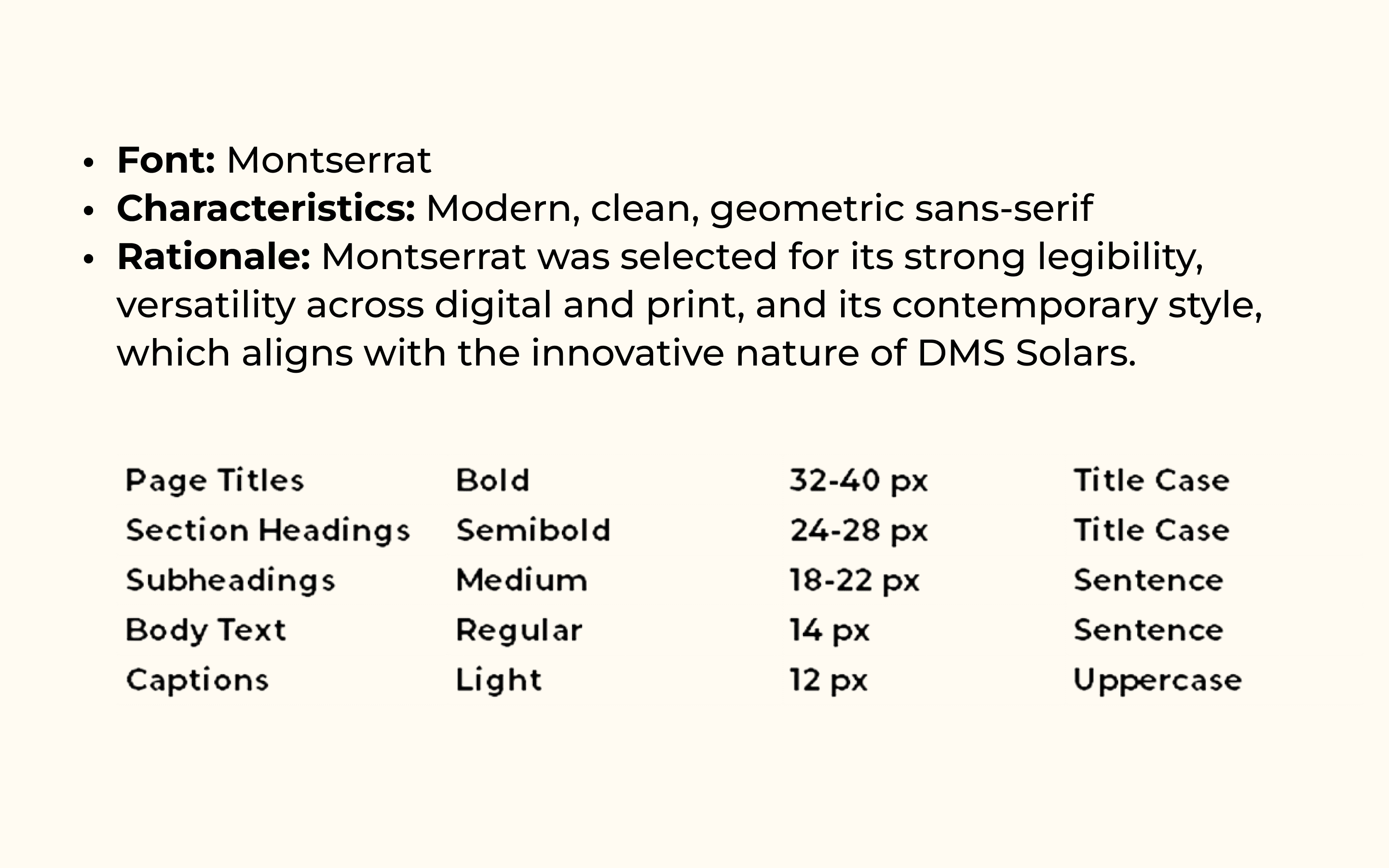 Typography page — Font: Montserrat, Characteristics: Modern, clean, geometric sans-serif, with a five-row table mapping Page Titles, Section Headings, Subheadings, Body Text and Captions to weights, sizes (12–40px) and case rules