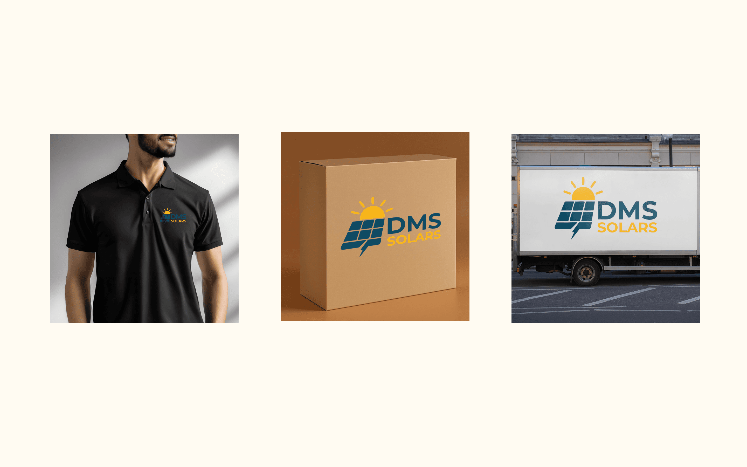 Mockups page row one — DMS Solars logo embroidered on a black polo shirt, printed on a brown cardboard packaging carton, and applied as a large vehicle wrap on the side of a white delivery truck