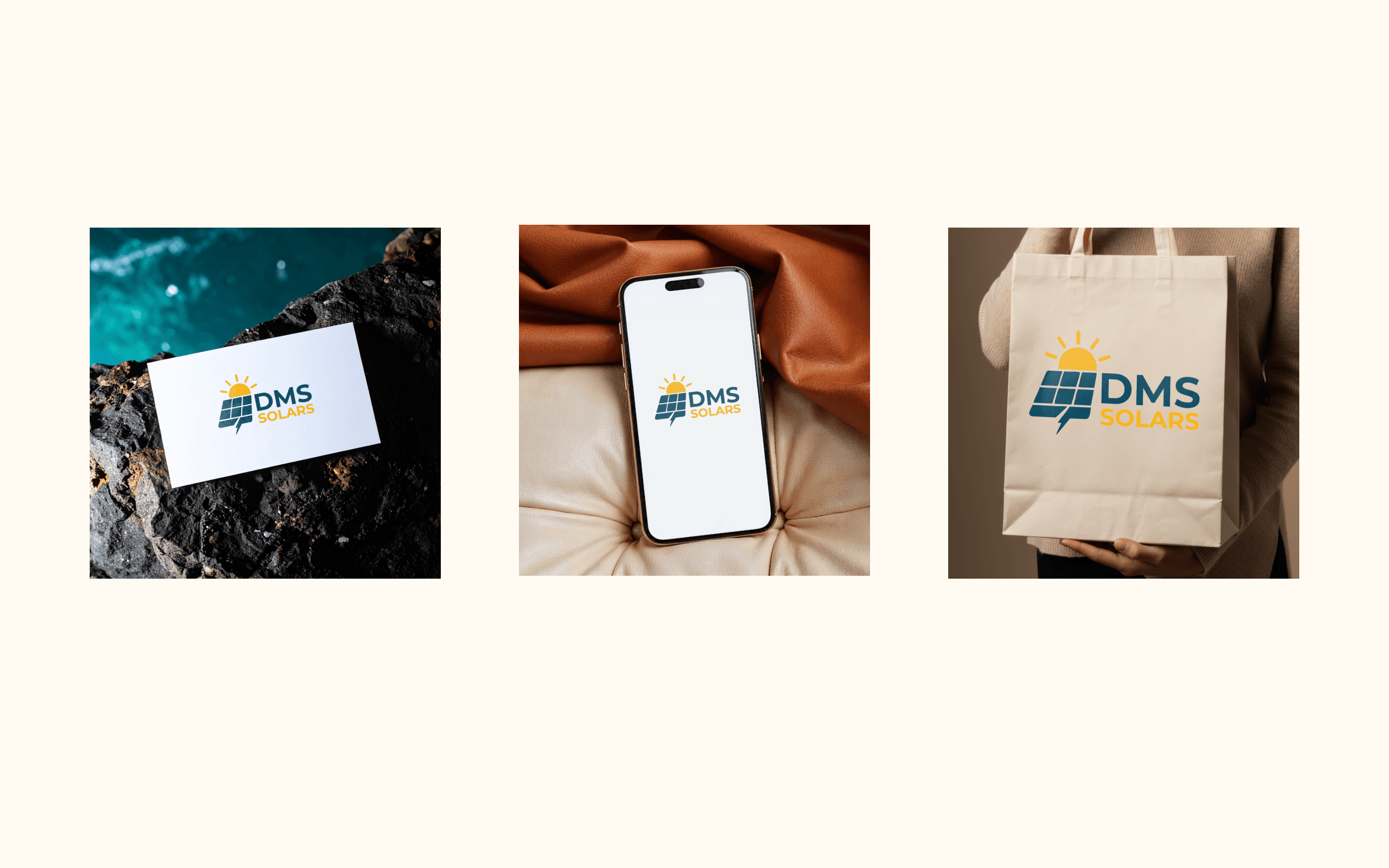 Mockups page row two — DMS Solars business card sitting on dark volcanic rock by the ocean, the logo on a phone screen resting on a cream leather cushion next to an orange fabric drape, and the logo printed on a cream canvas tote bag held by a person in a beige sweater