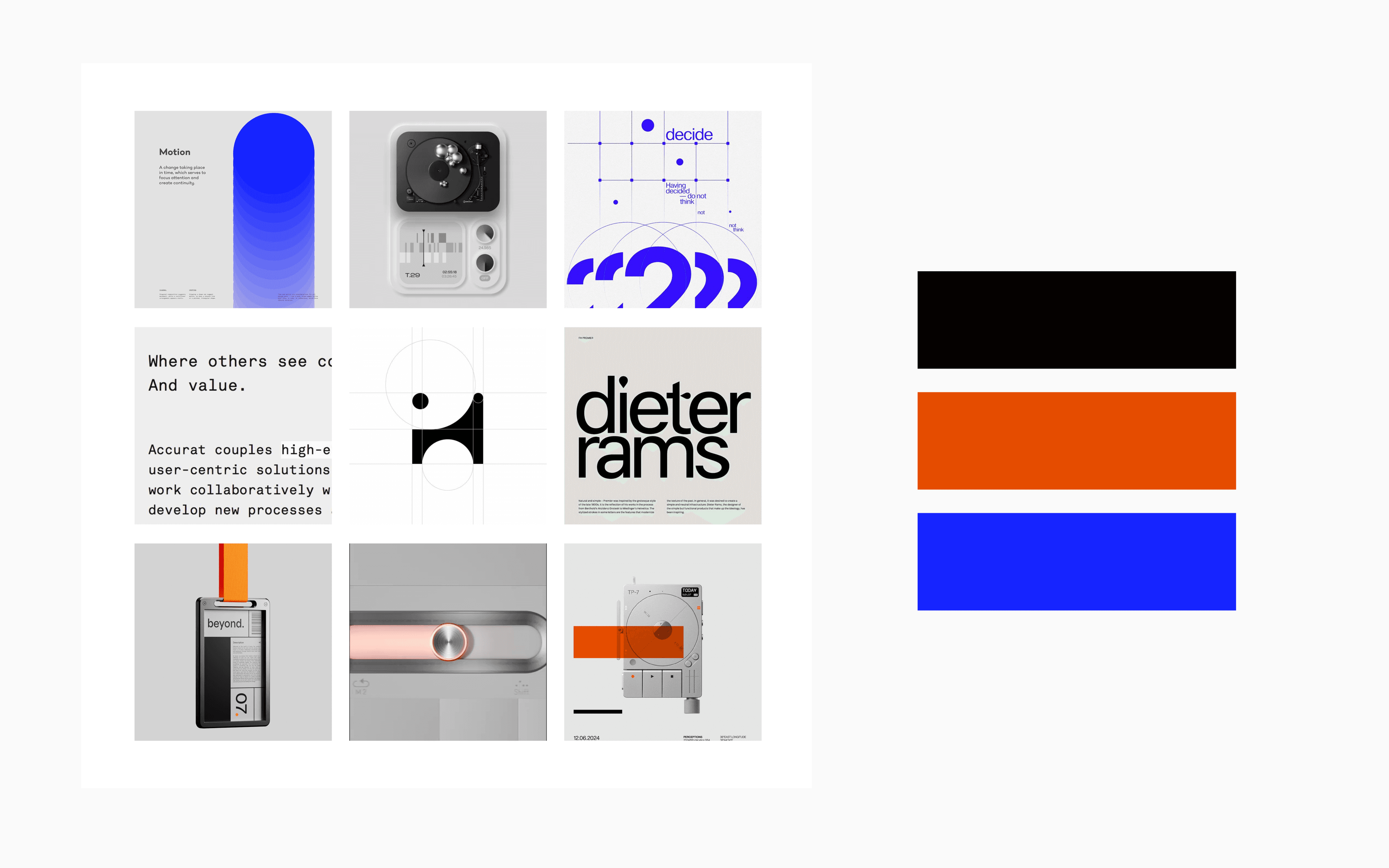The /MINIMAL mood board page — 9-image grid with black, orange, and blue color palette