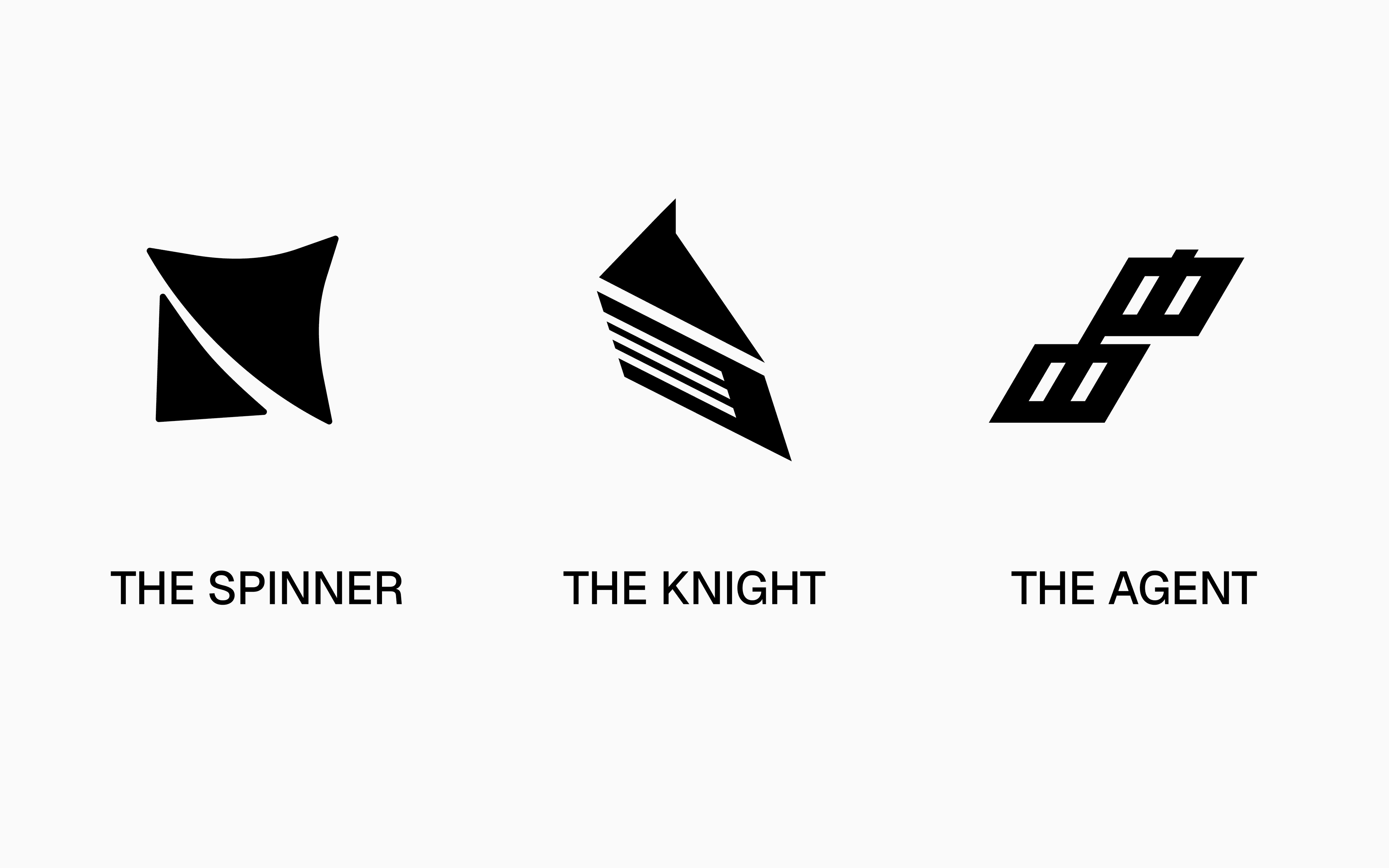 The three logo title pages stacked — The Spinner, The Knight, The Agent