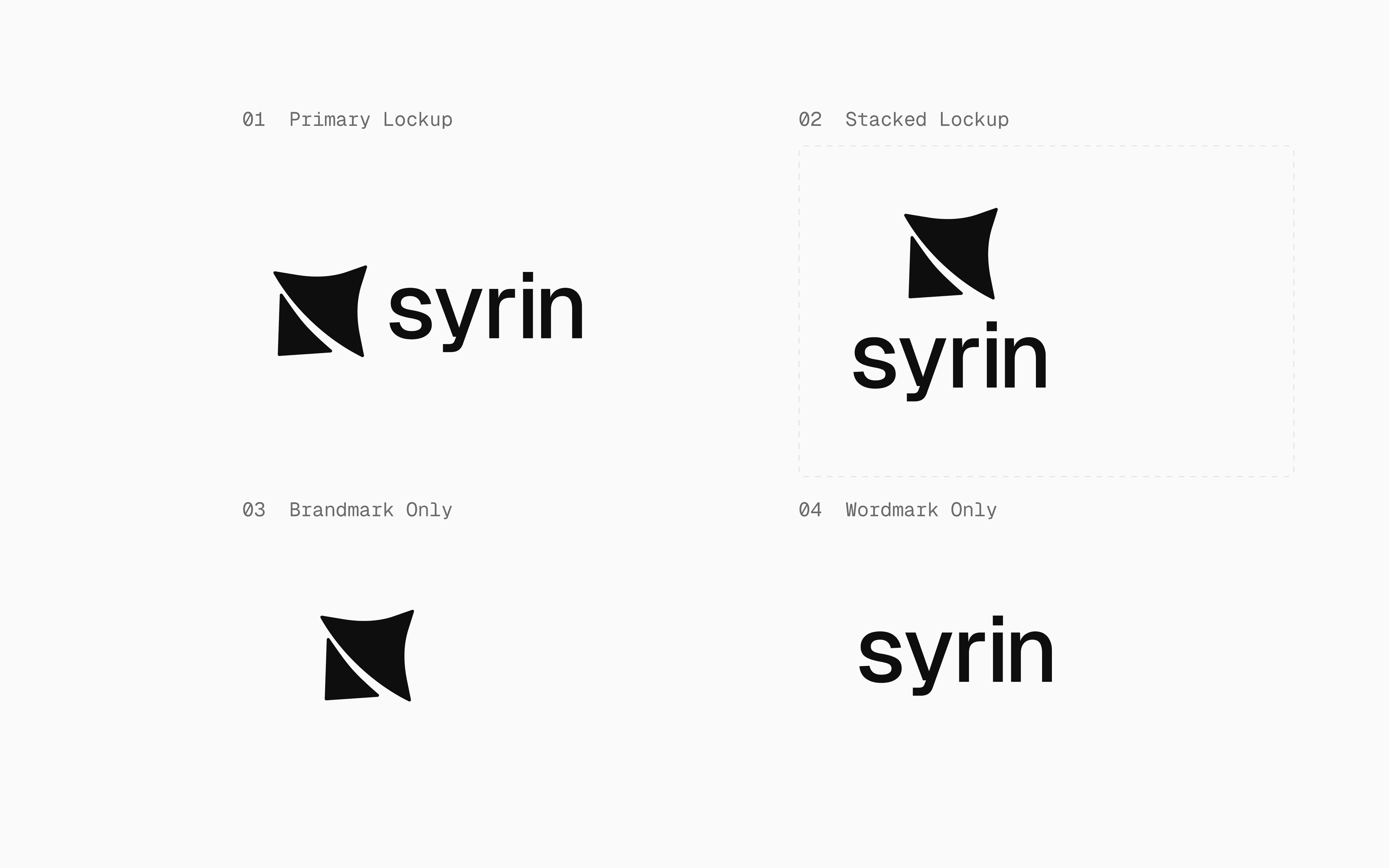 Logo system grid — primary lockup, stacked lockup, brandmark only, wordmark only