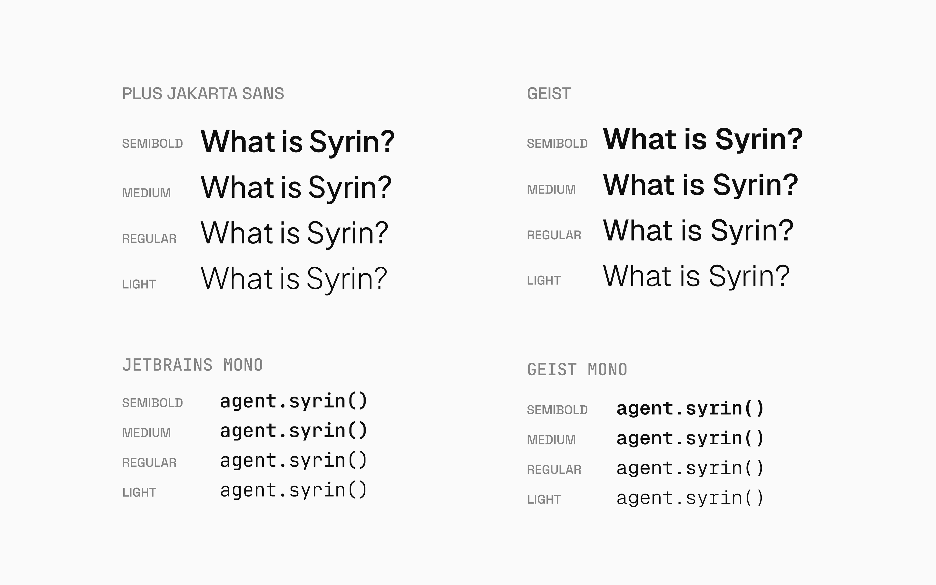 The two font combinations side by side — Geist + Geist Mono compared with Plus Jakarta Sans + JetBrains Mono