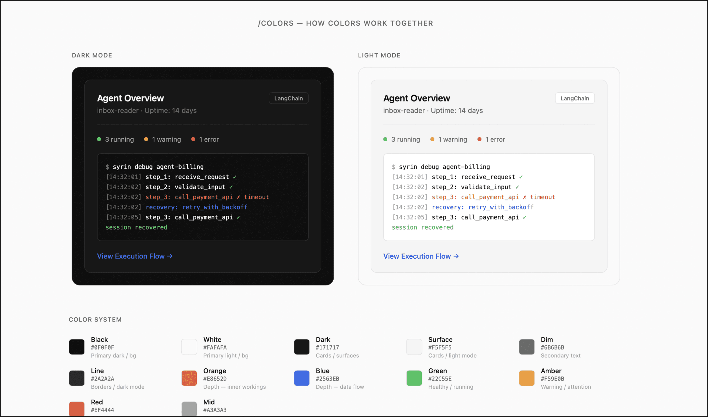 Color-in-depth terminal mockup — code colored on light background and dark background