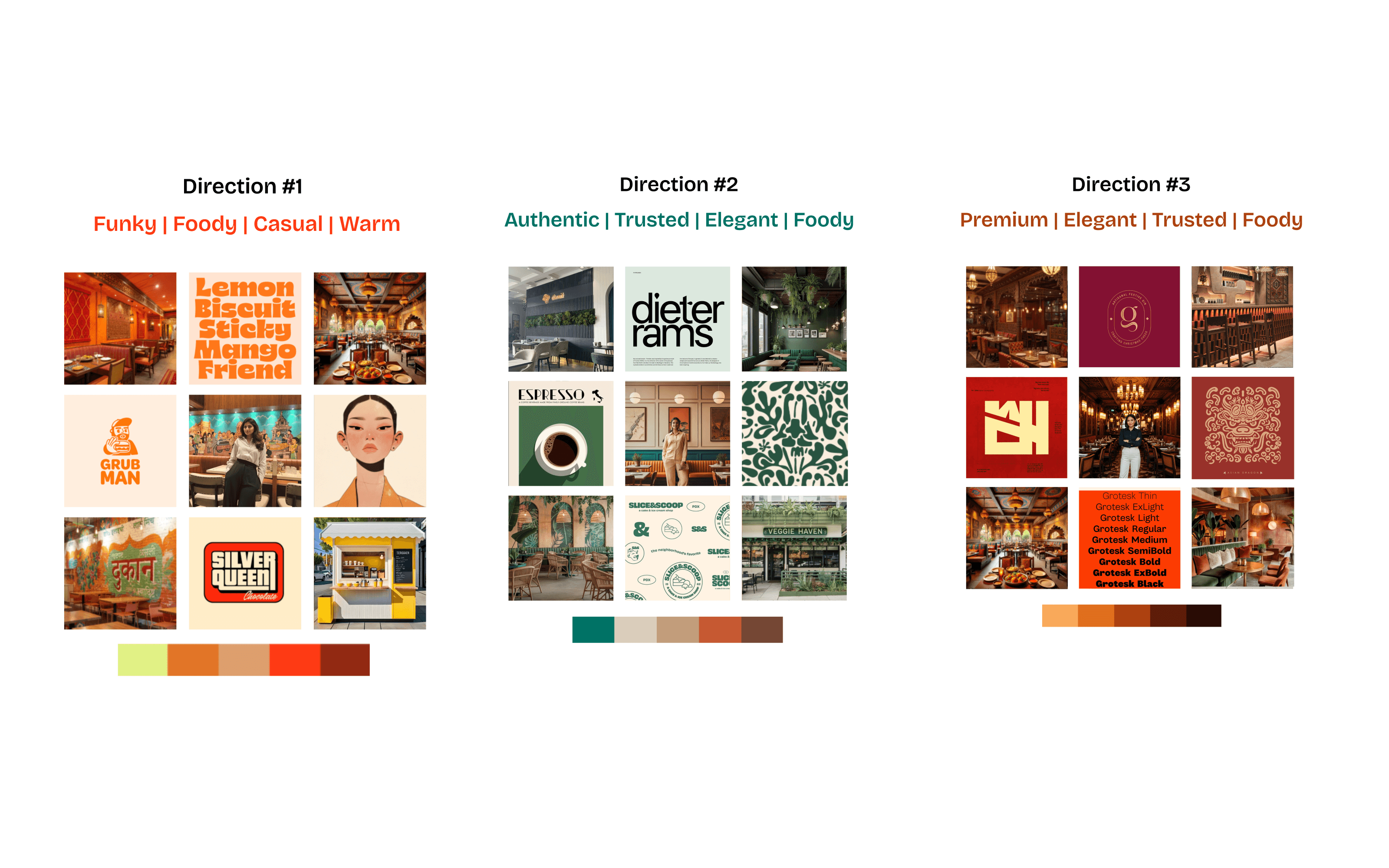 Three brand direction title pages stacked — Funky/Foody/Casual/Warm, Authentic/Trusted/Elegant/Foody, and Premium/Elegant/Trusted/Foody