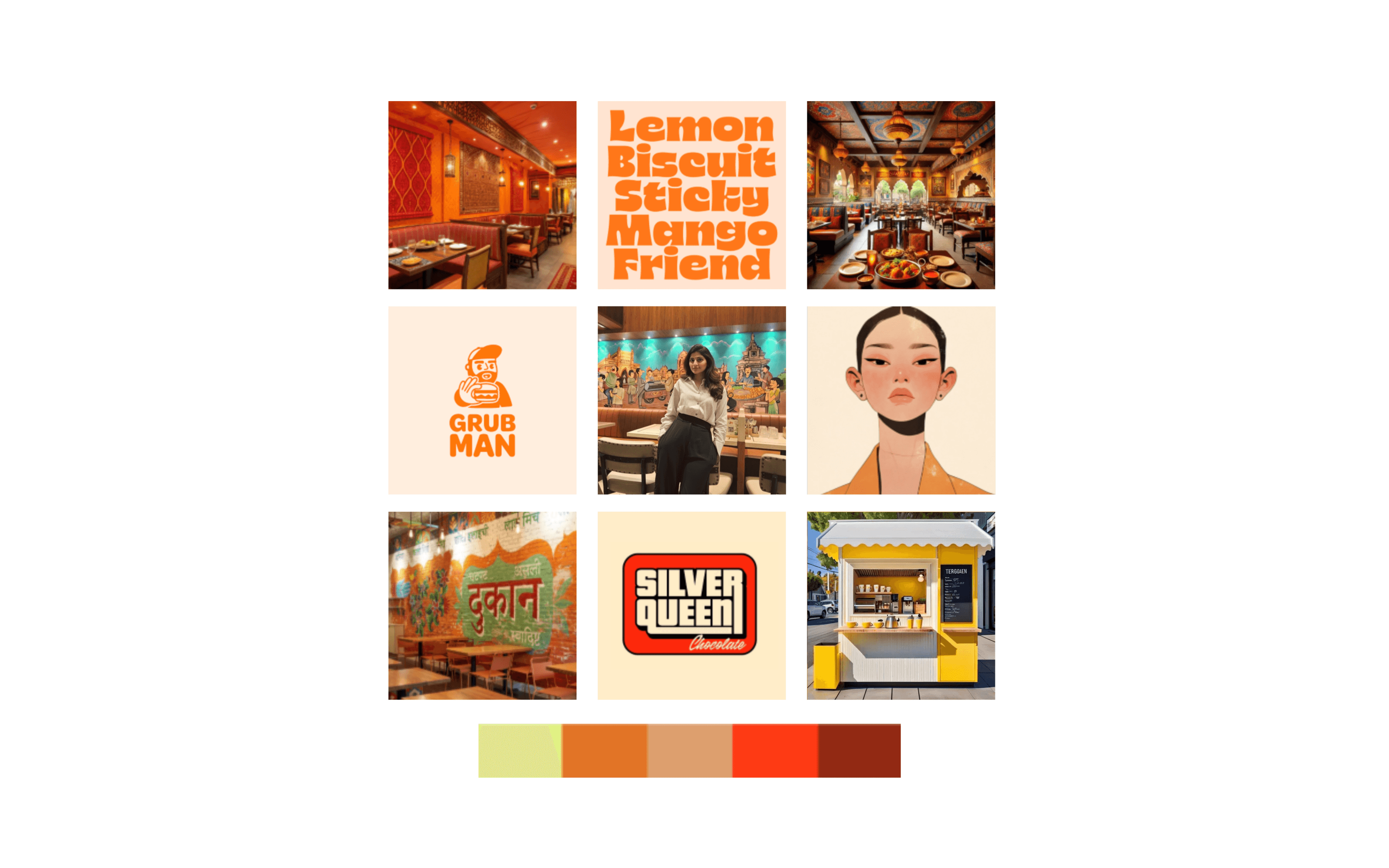 Direction #1 mood board — Funky/Foody/Casual/Warm — featuring warm cream and chilli red palette, hand-painted shop murals, Grub Man mascot logo, and lemon-biscuit-sticky-mango display type