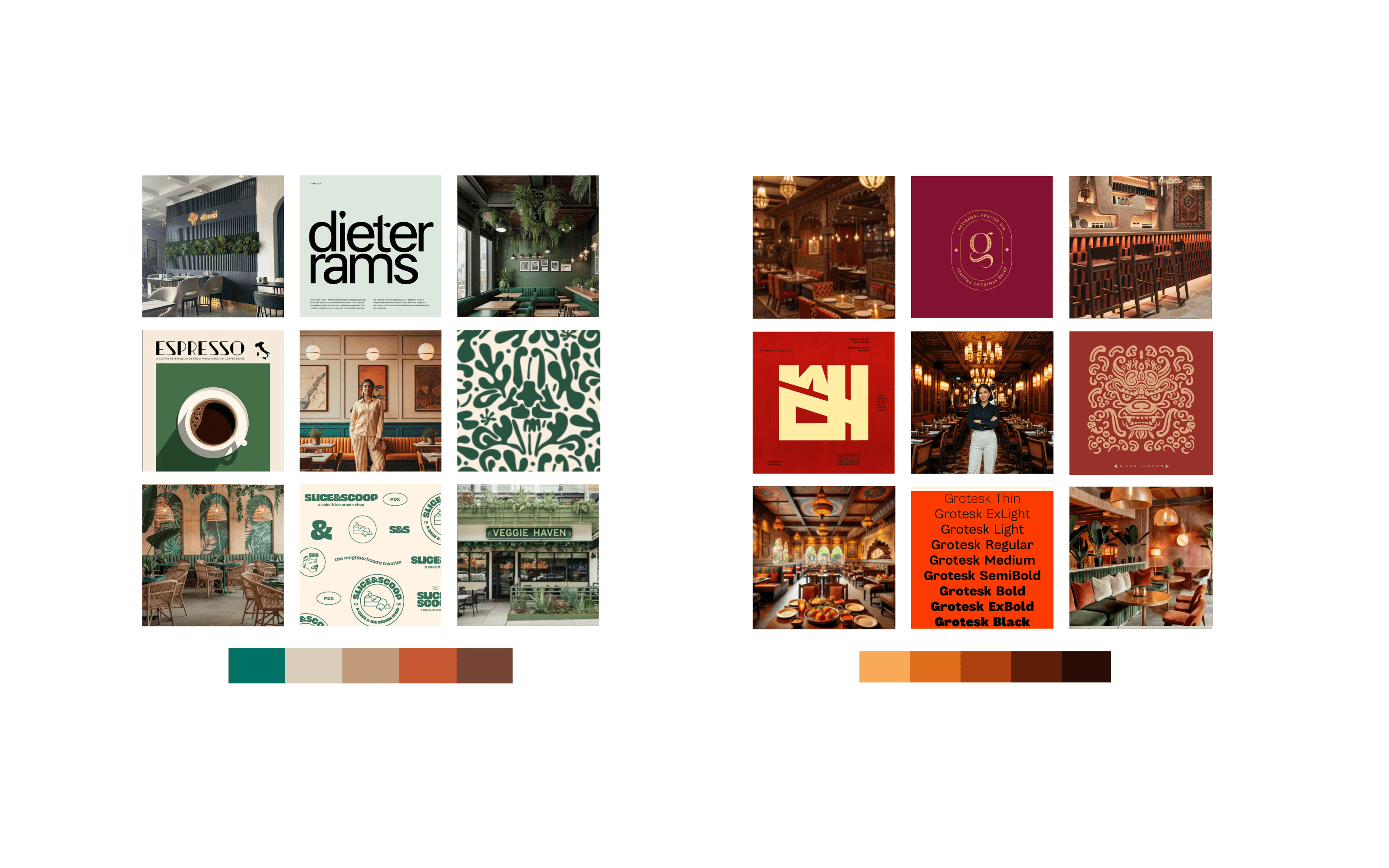 Direction #2 and Direction #3 mood boards side by side — forest green editorial palette on the left, maroon and amber premium palette on the right