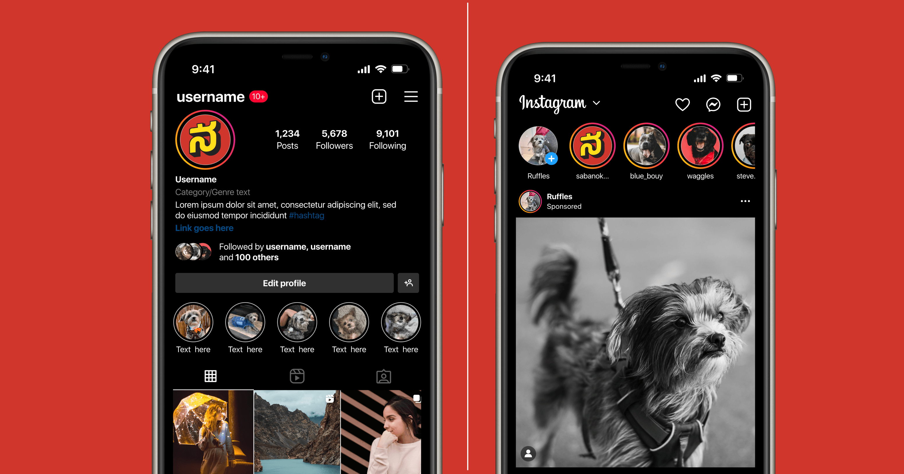 Instagram applications for Nammatales — profile screen with the ನ mark as avatar, story ring with the brand colours, and a feed grid showing the mark across multiple posts