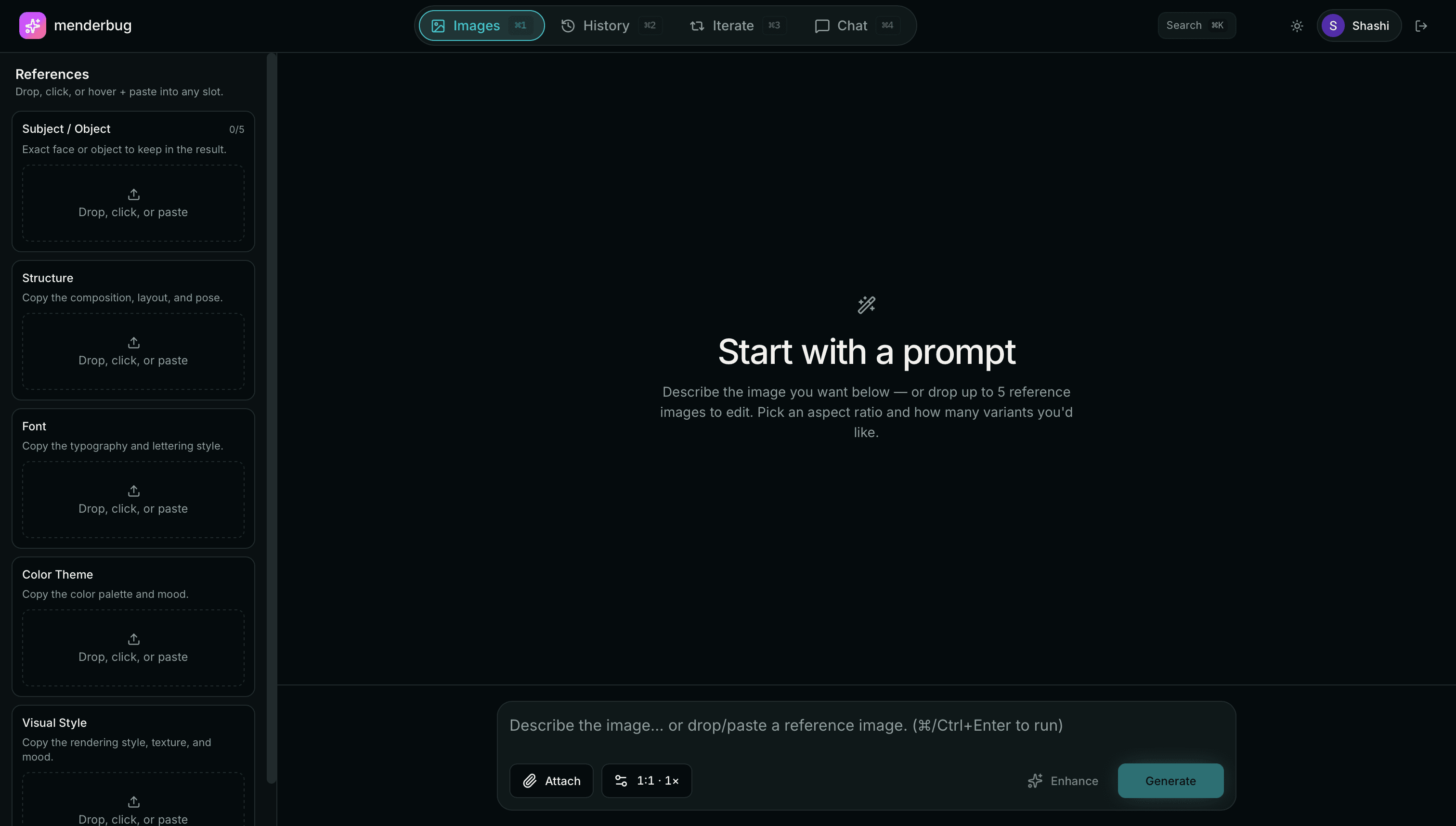 Menderbug Images tab in action โ prompt input, reference panel, and recent generations in dark mode