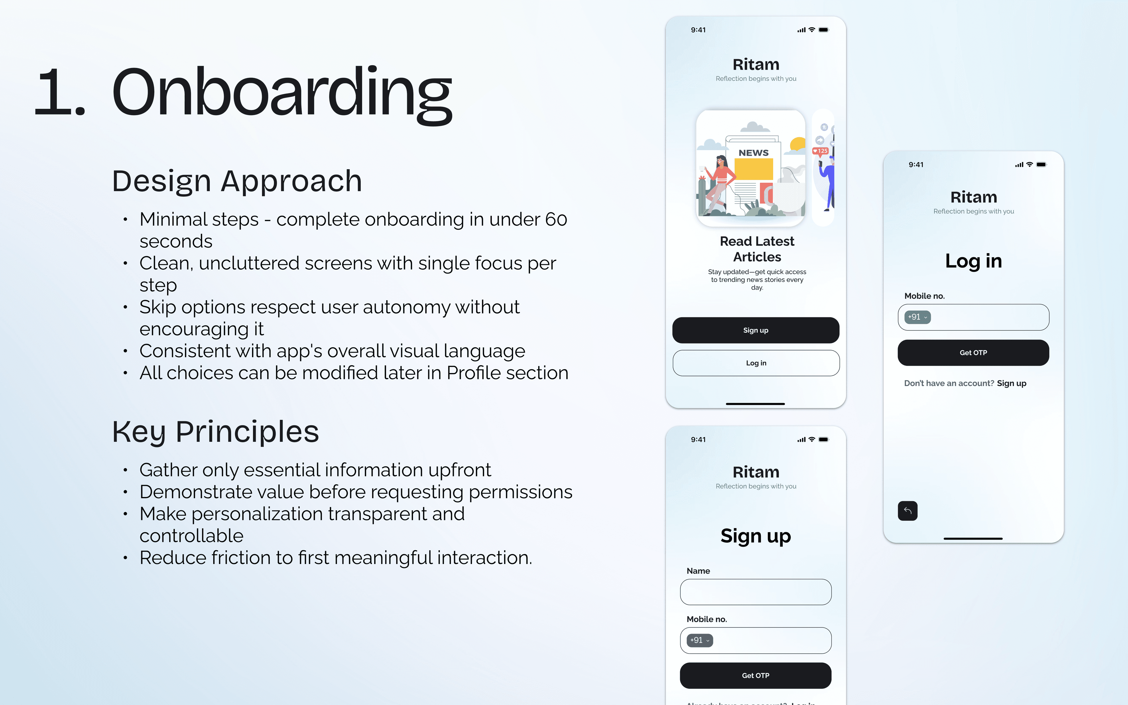 Onboarding design approach with key principles and screen mockups