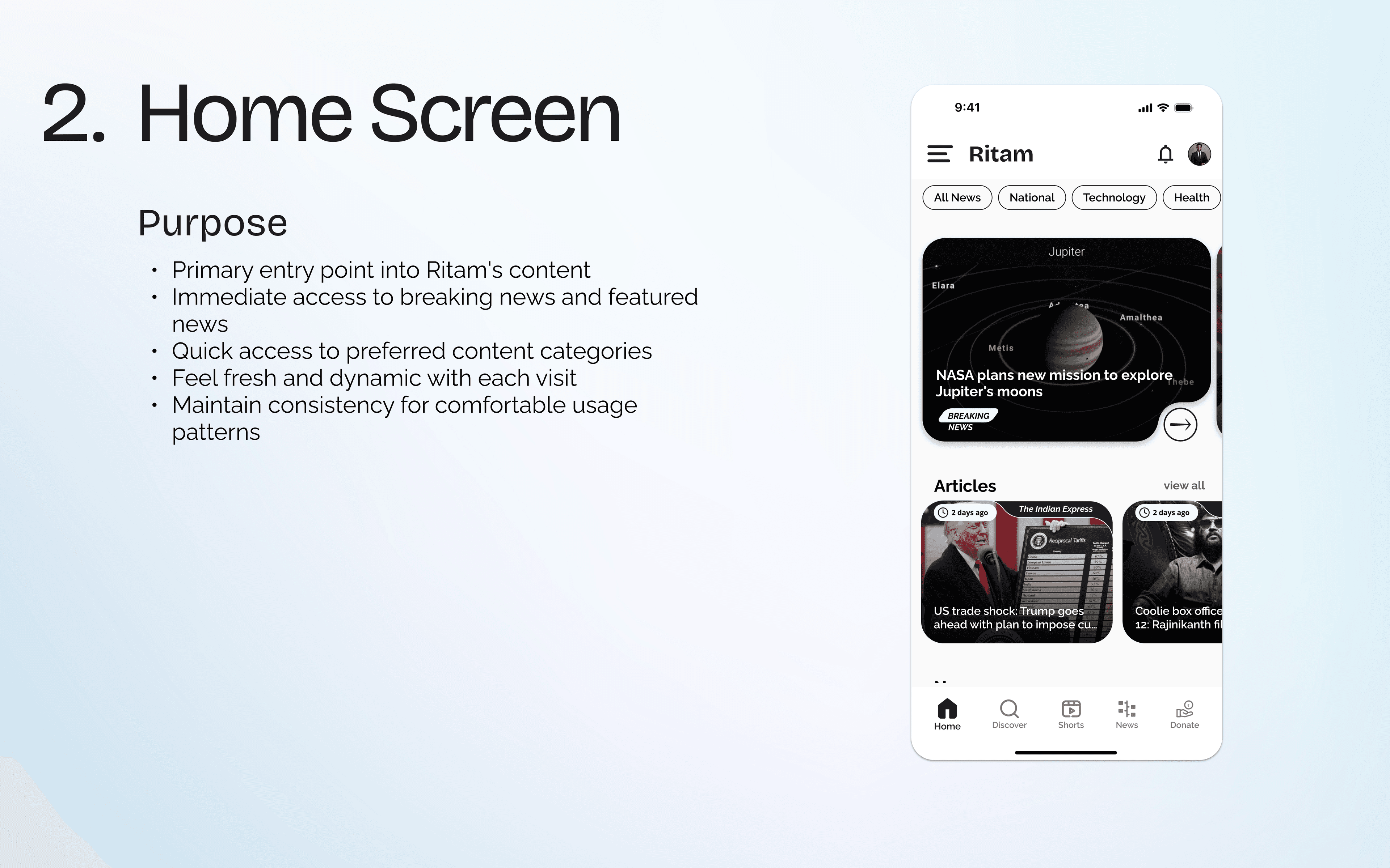Home screen with breaking news hero, category chips, and article feed