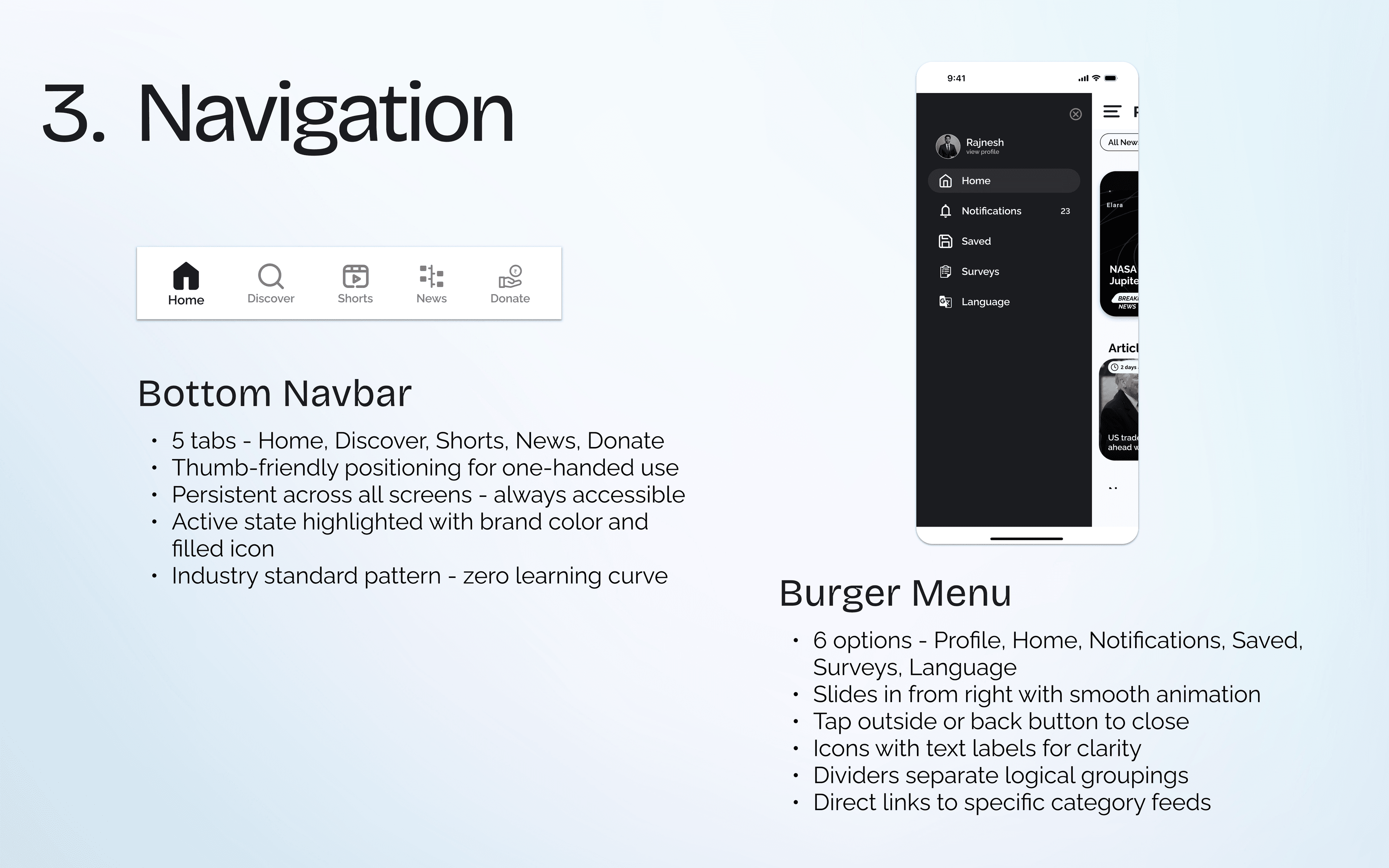 Navigation — 5-tab bottom navbar and slide-in burger menu