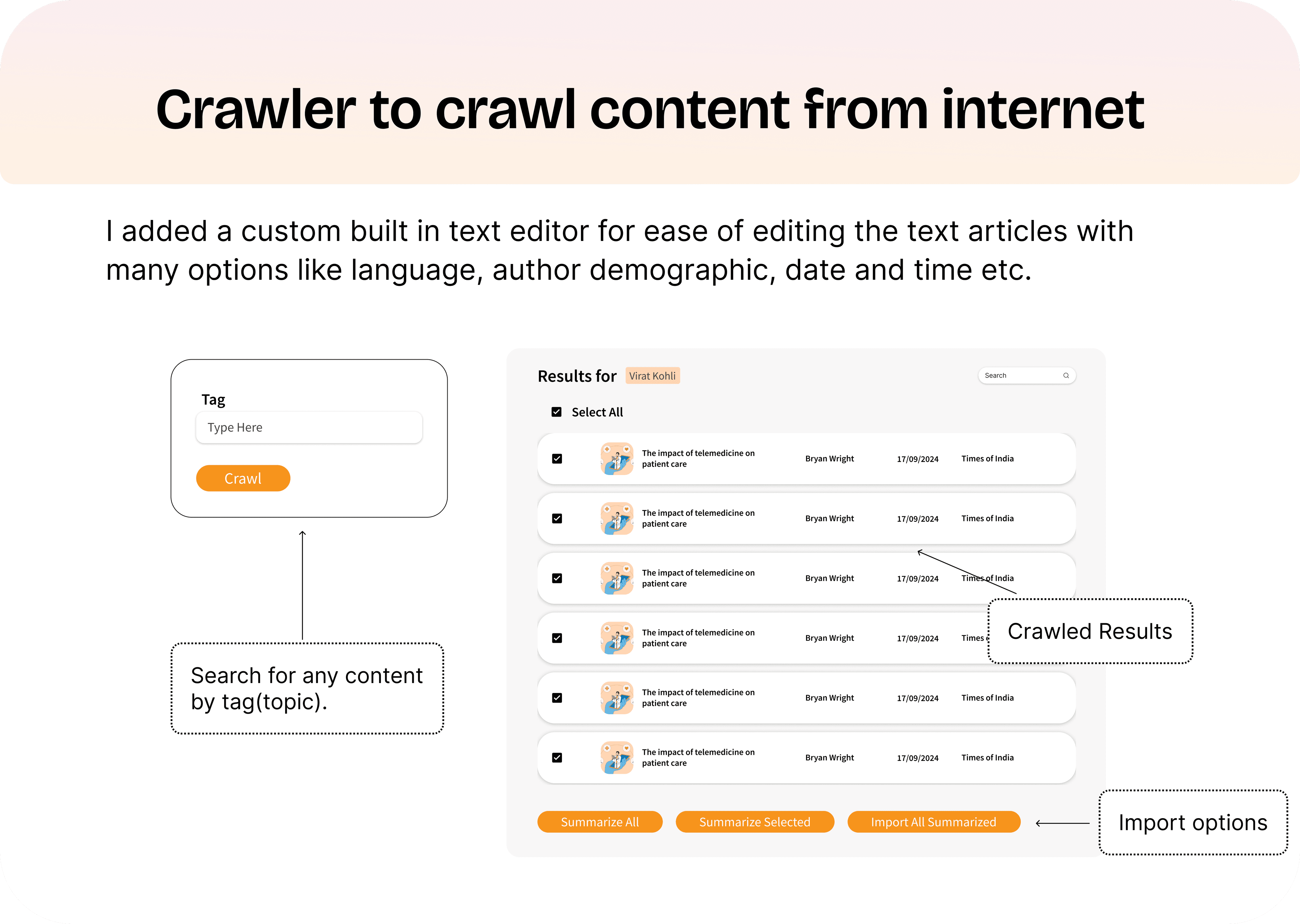 Content crawler with tag search, results list, and import options