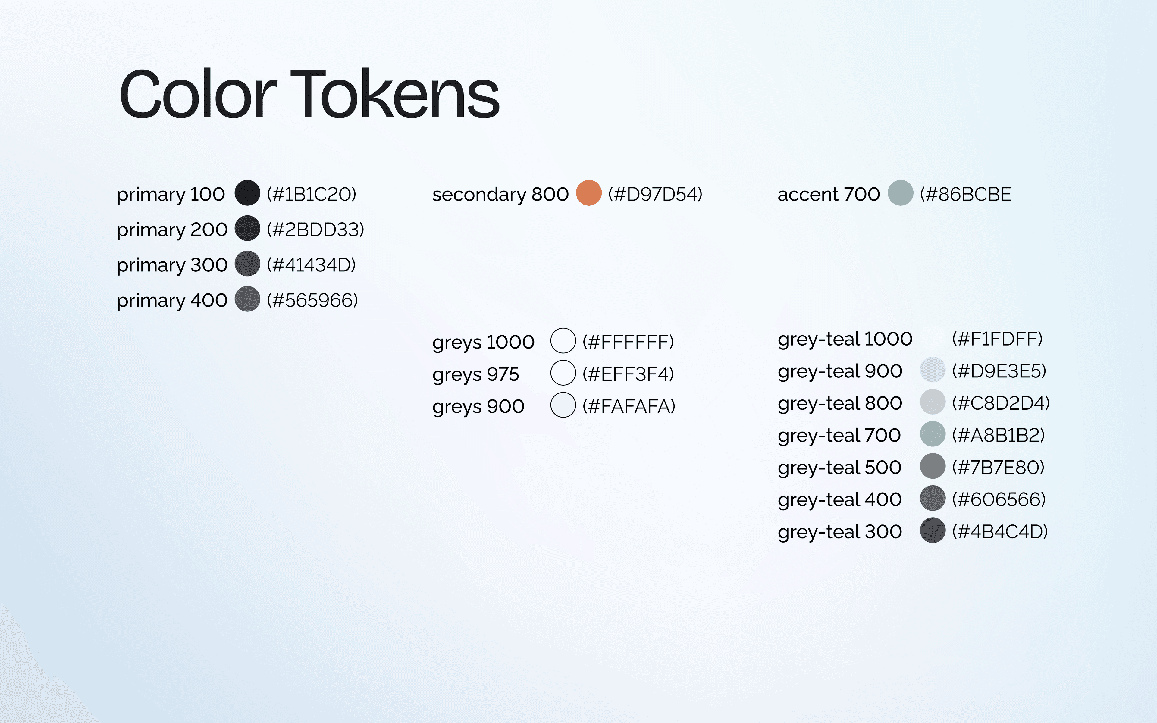Full color token system with hex values