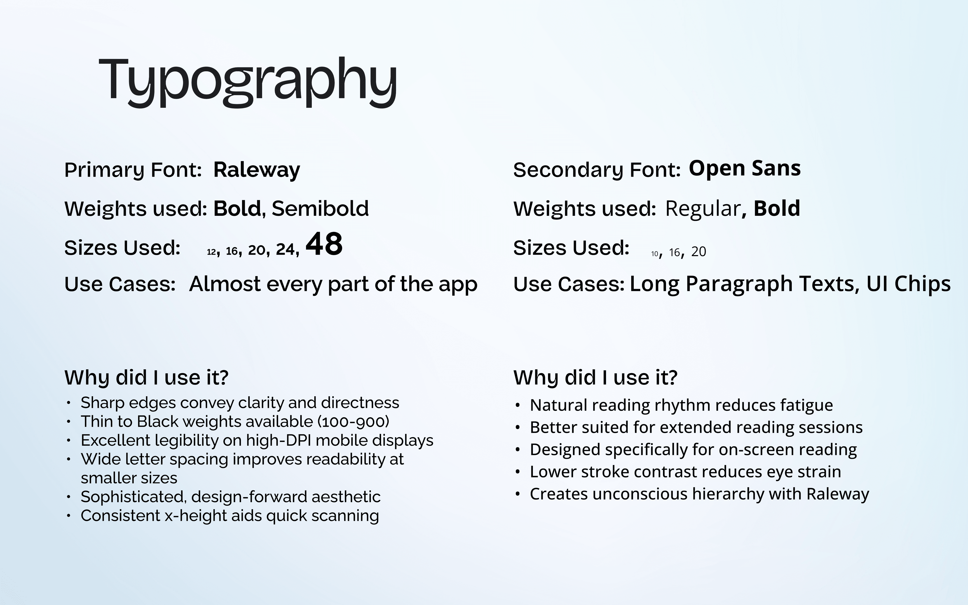 Typography — Raleway and Open Sans with sizes and rationale