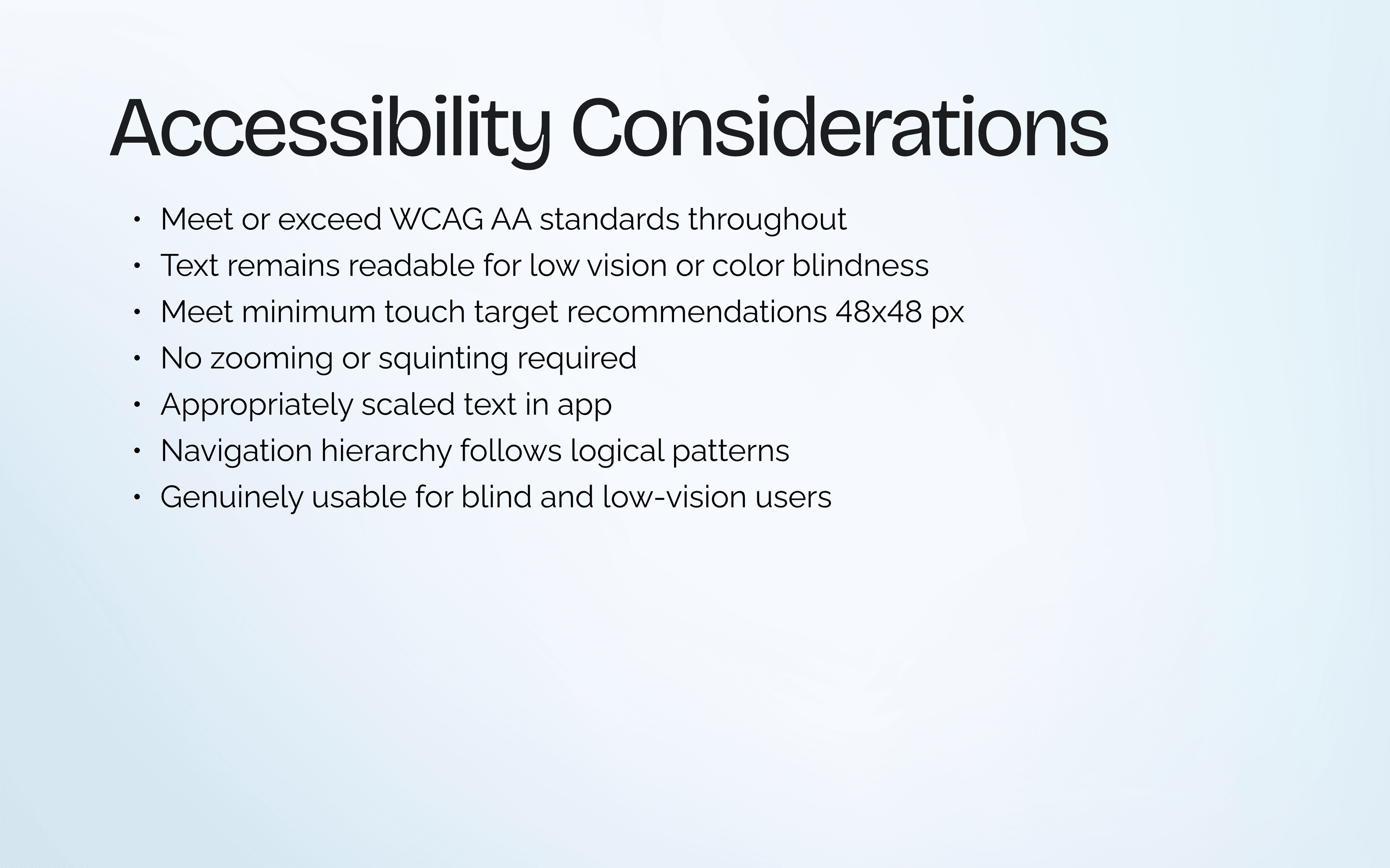 Accessibility — WCAG AA, touch targets, color blindness, logical nav