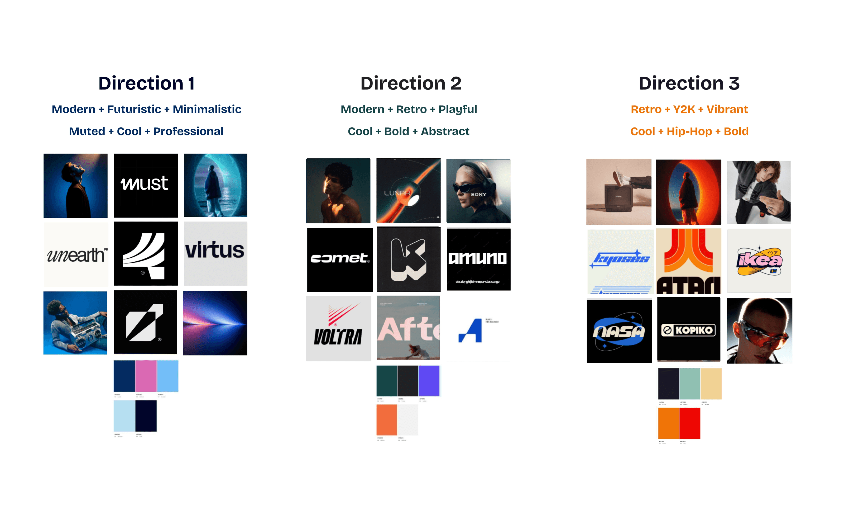 Three brand direction title pages stacked — Modern + Futuristic + Minimal, Modern + Retro + Playful, and Retro + Y2K + Vibrant