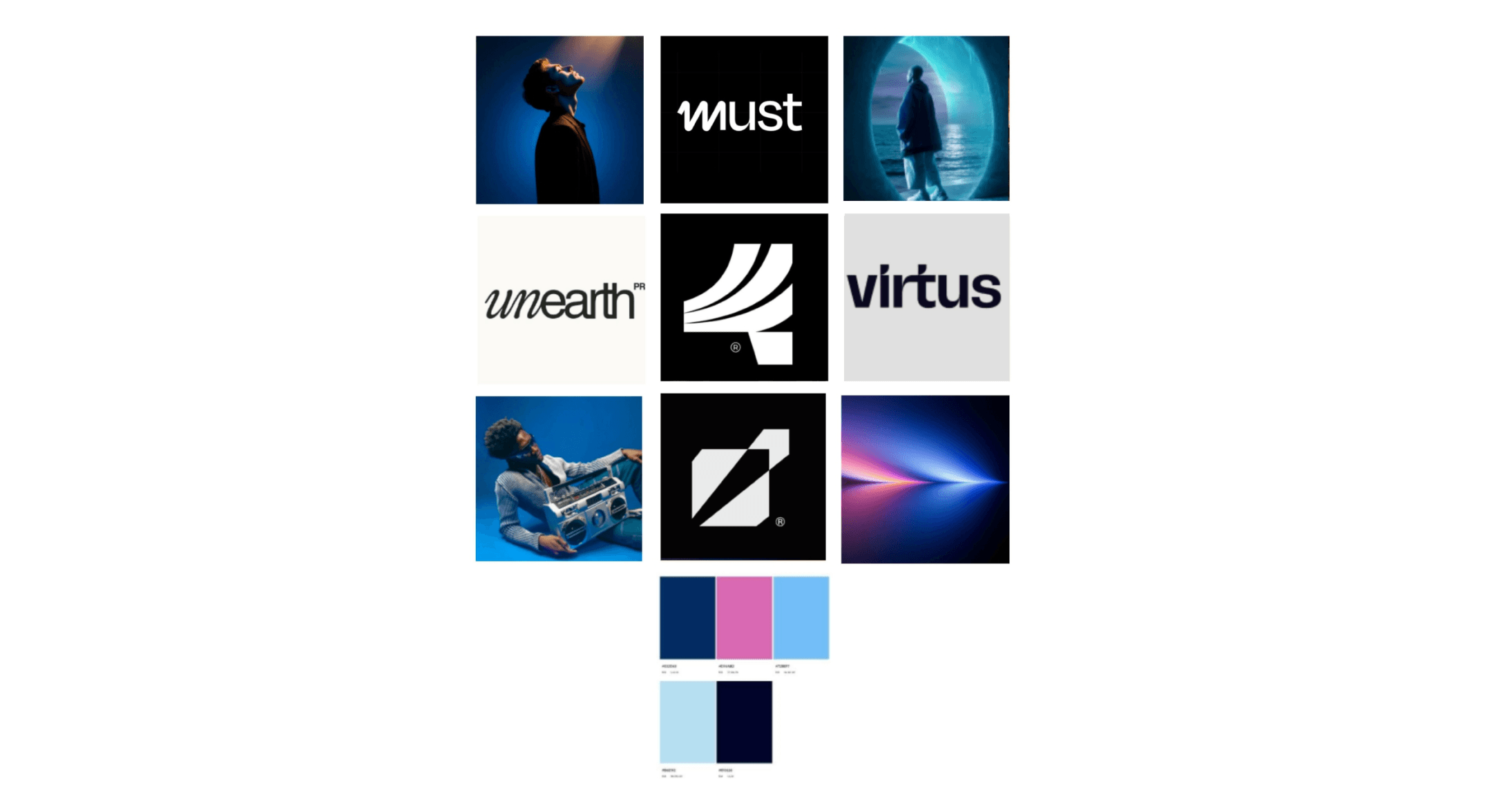 Direction 1 mood board — Modern, Futuristic, Minimal — featuring cool muted blues, architectural photography, and reference logos like Must, Virtus, and Unearth