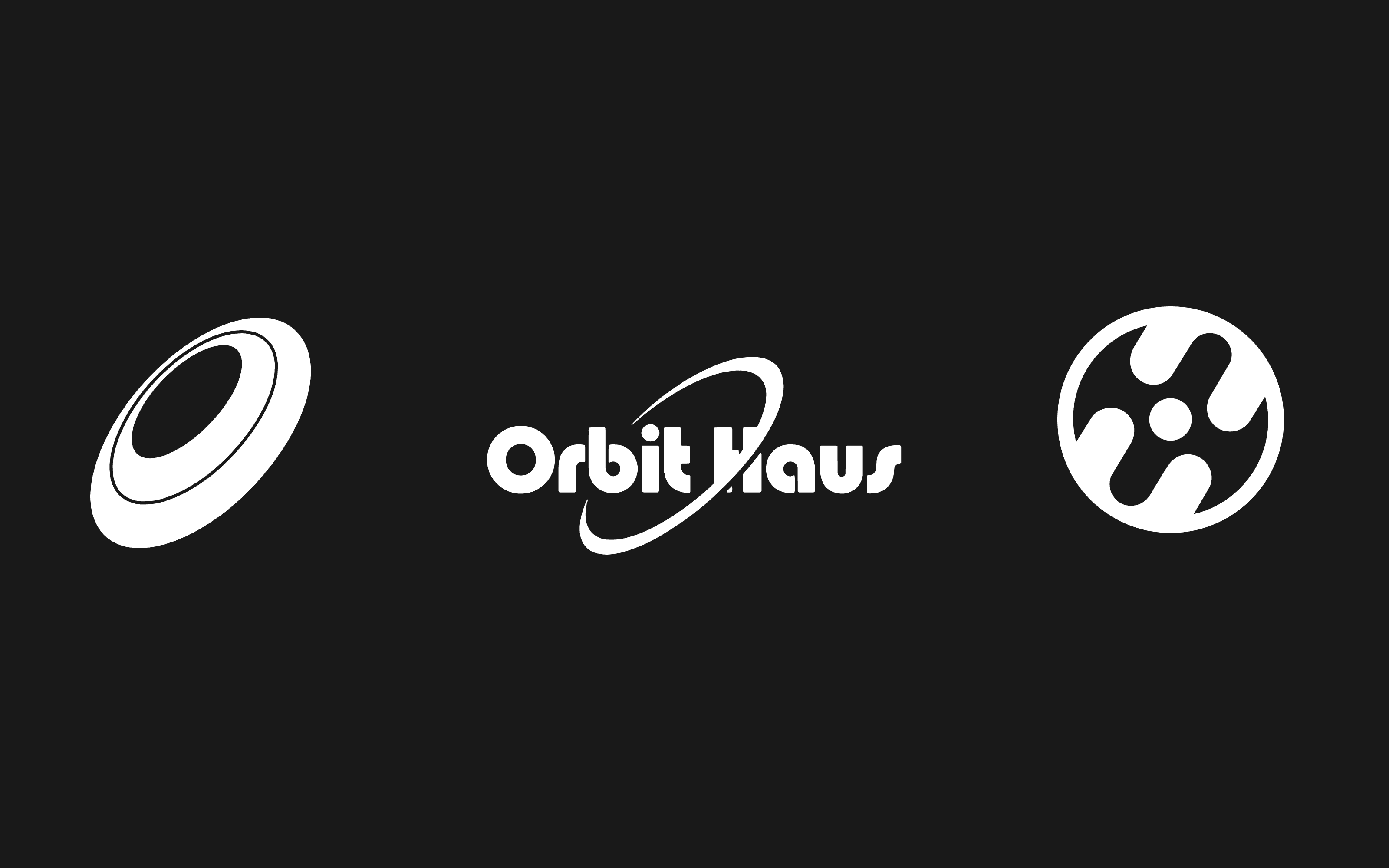 Round one logo concepts shown side by side — a 3D elliptical orbit ring, a Bauhaus-style 'Orbit Haus' wordmark with planetary ring, and a circular spaceship-style mark with three swooping shapes