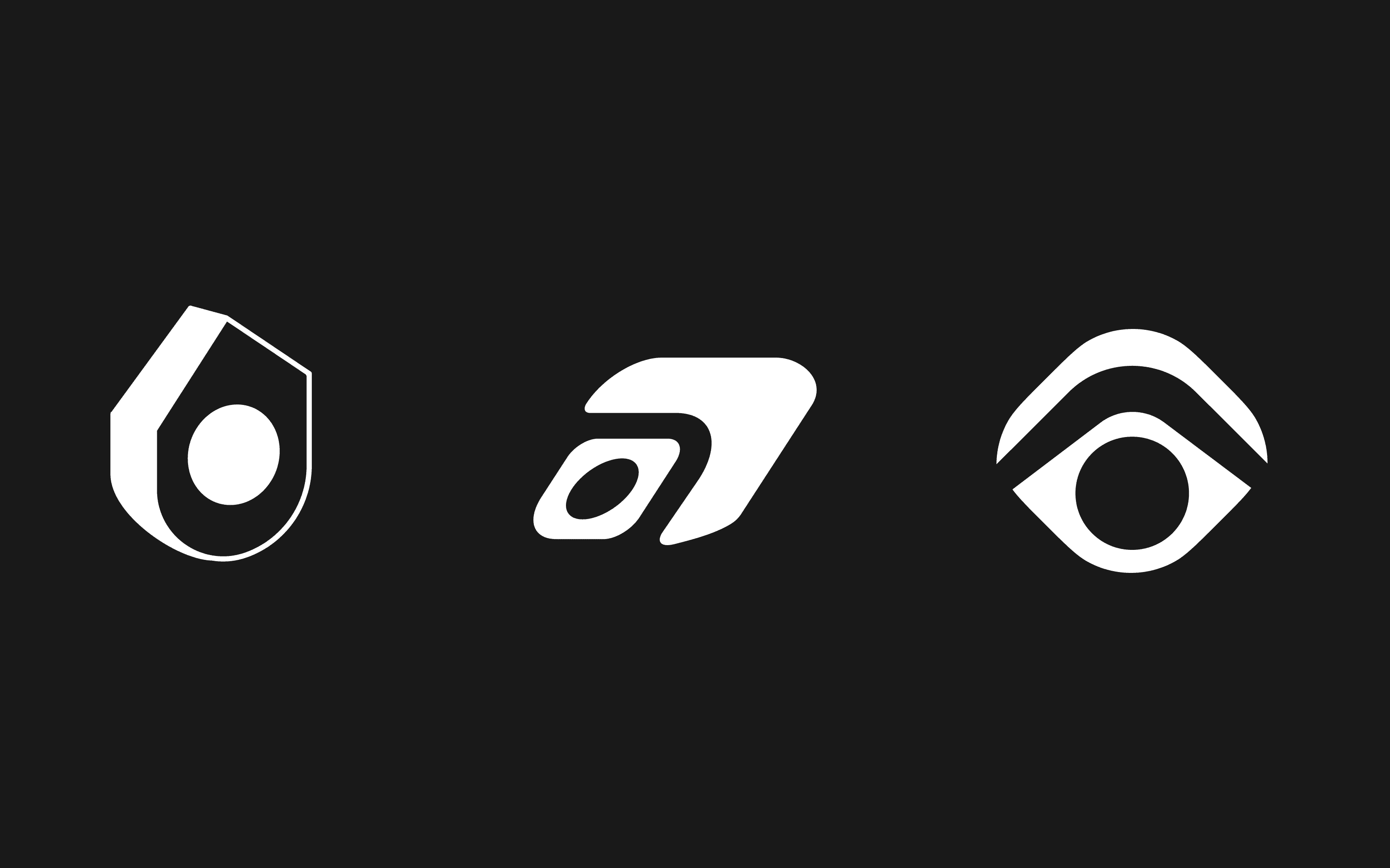 Round three logo concepts — house with a black hole at center, house with a glowing aperture, hut with a hidden 'h' and a sun beneath, and an eye-hut hybrid