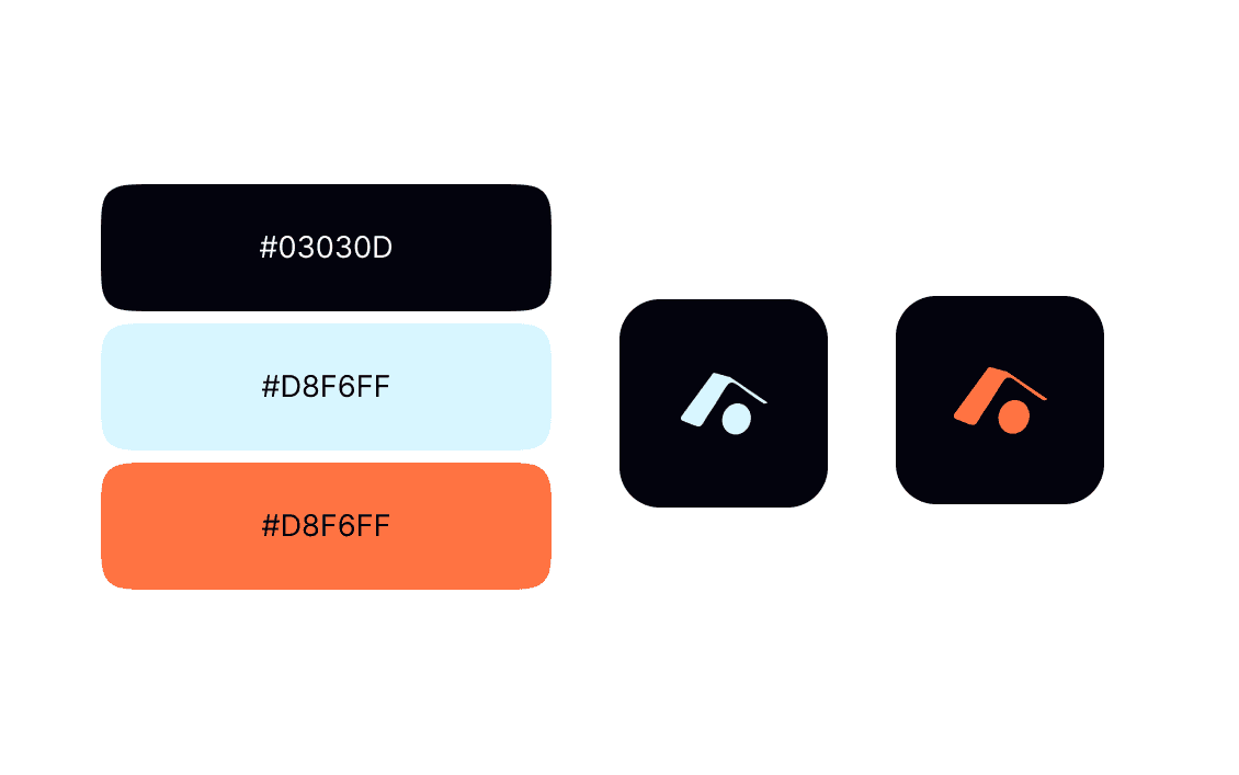 Final color palette spread — Coal Black (#03030D), Ice Blue (#D8F6FF), and Solar Orange swatches with the brandmark shown in light and orange variants on black app icons