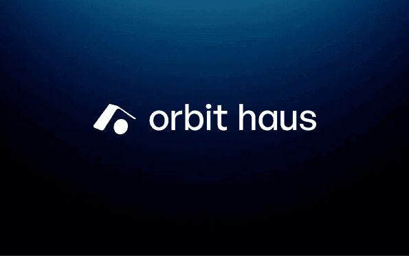 Orbit Haus wordmark and lockup variants — lowercase 'orbit haus' wordmark, capitalized 'Orbit Haus' wordmark, and the brandmark + wordmark horizontal lockup, all set in white on the deep blue gradient background