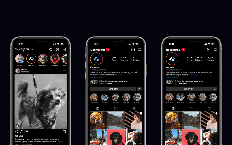 Instagram applications for Orbit Haus across three phone mockups — a feed post, a profile screen with the brandmark in the avatar, and a story-grid overview with the orange accent appearing across the layout