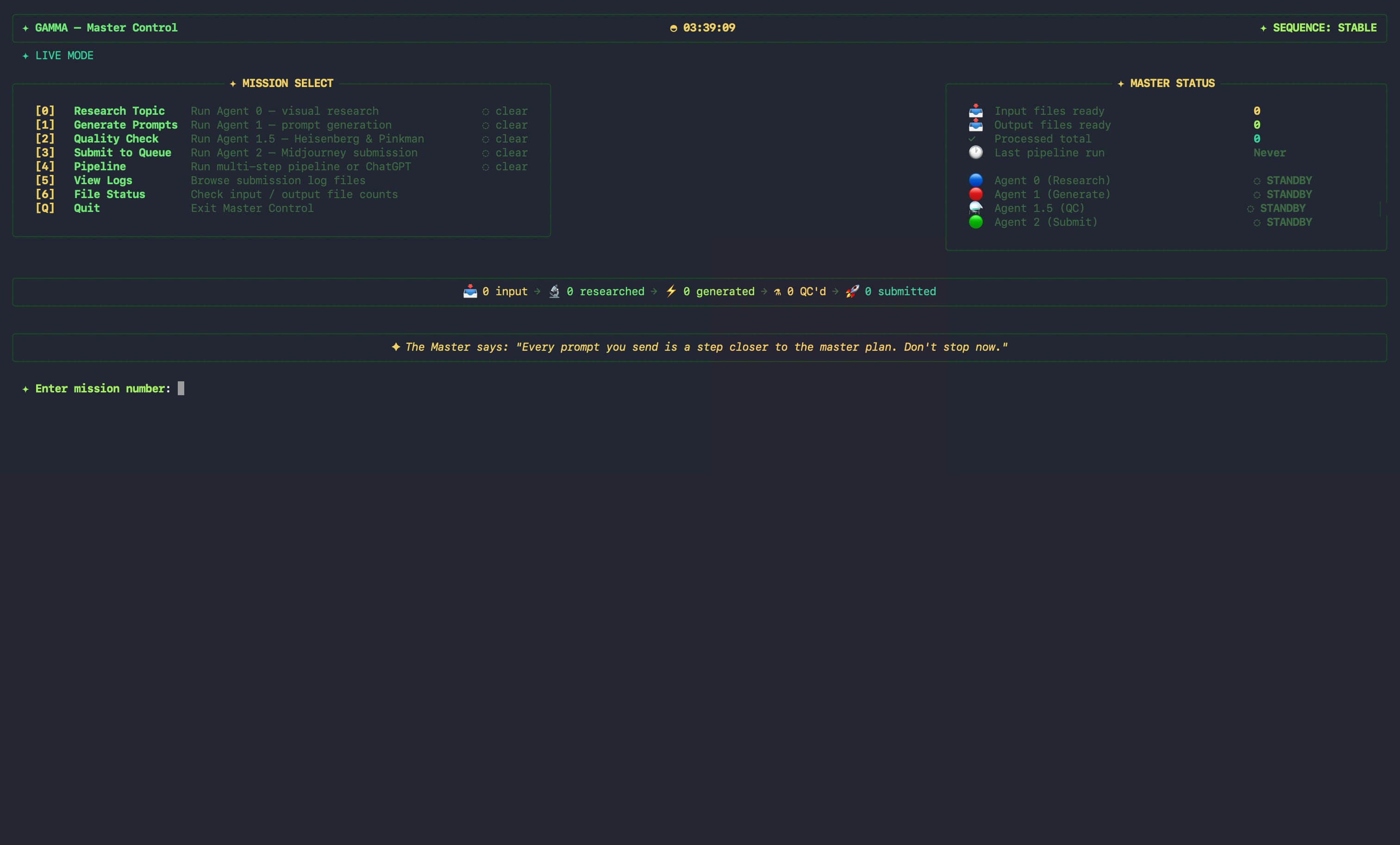 Miss Minutes — terminal-based visual dashboard showing agent status, pipeline controls, and batch monitoring