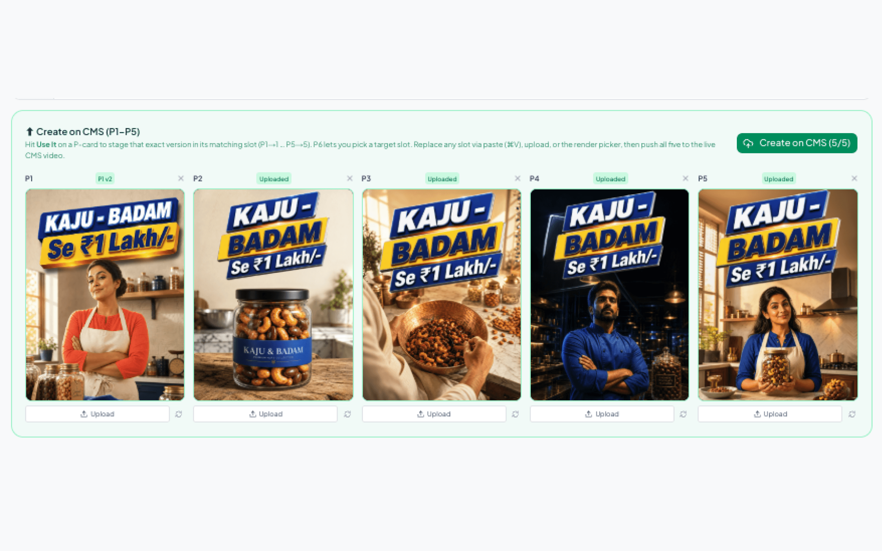 Grid of real generated thumbnails, the P1 to P5 outputs for one episode
