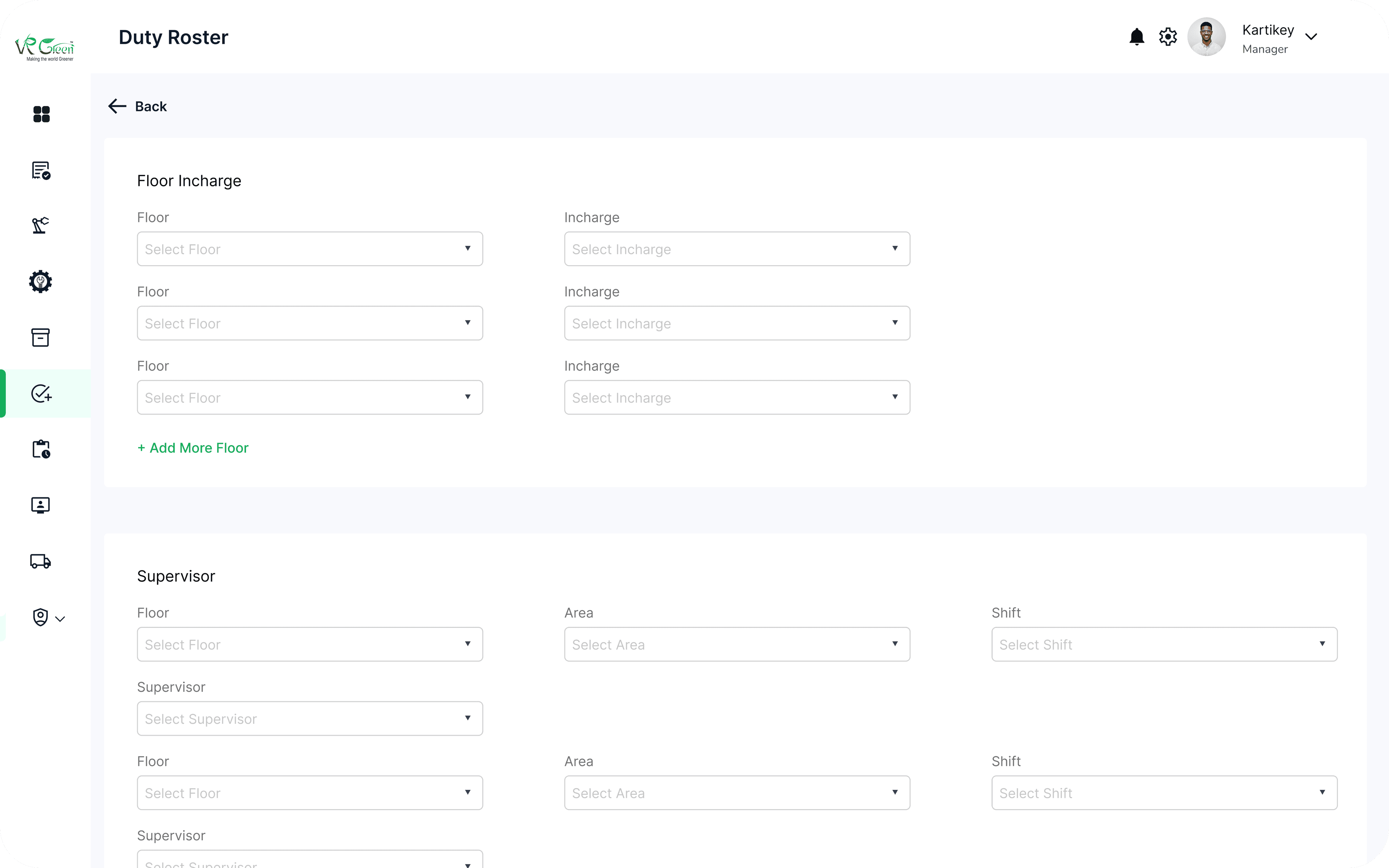Duty Roster form — three sections (Floor Incharge, Supervisor, Machine Operator & Helper) with stacked dropdowns for floor, area, shift, and role assignments