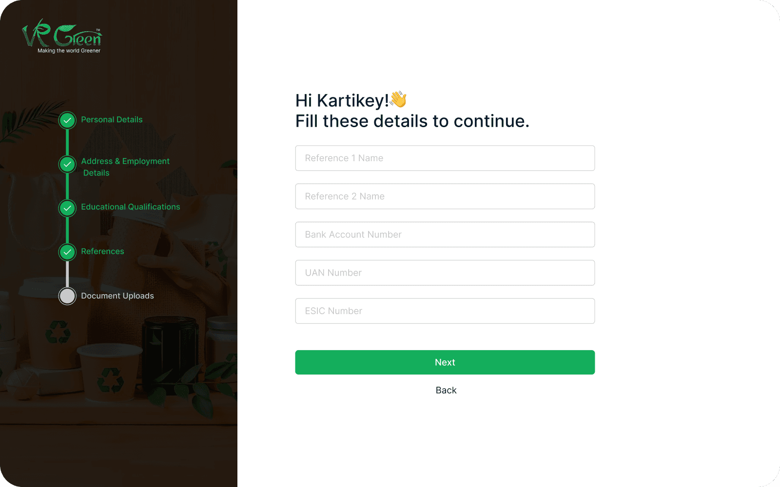 Sign Up wizard — split layout with VR Green branding panel on the left showing a 5-step progress rail, and the References step form on the right with reference names, bank account, UAN, and ESIC fields