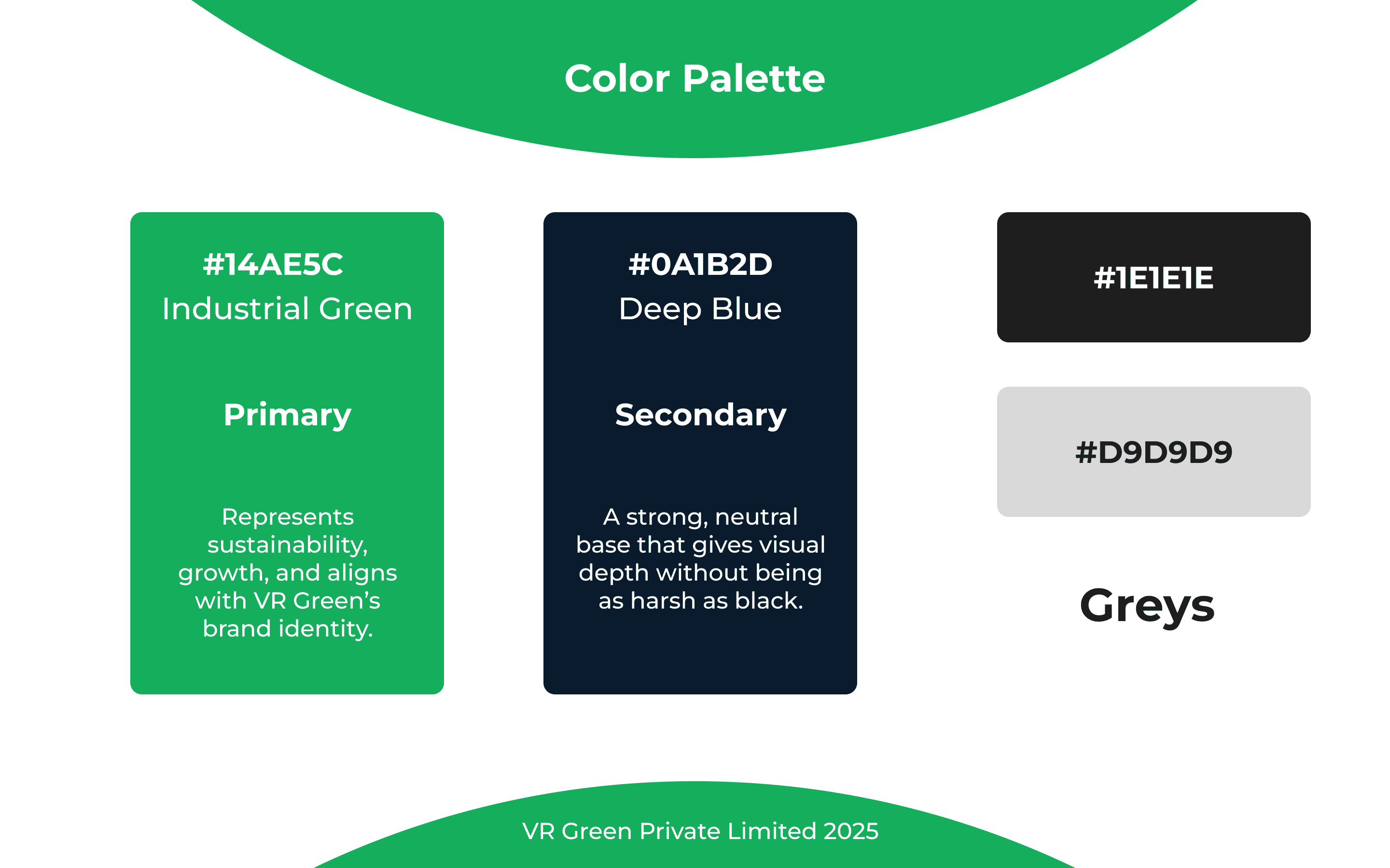 Color palette card — Industrial Green #14AE5C as primary, Deep Blue #0A1B2D as secondary, and two grey neutrals #1E1E1E and #D9D9D9