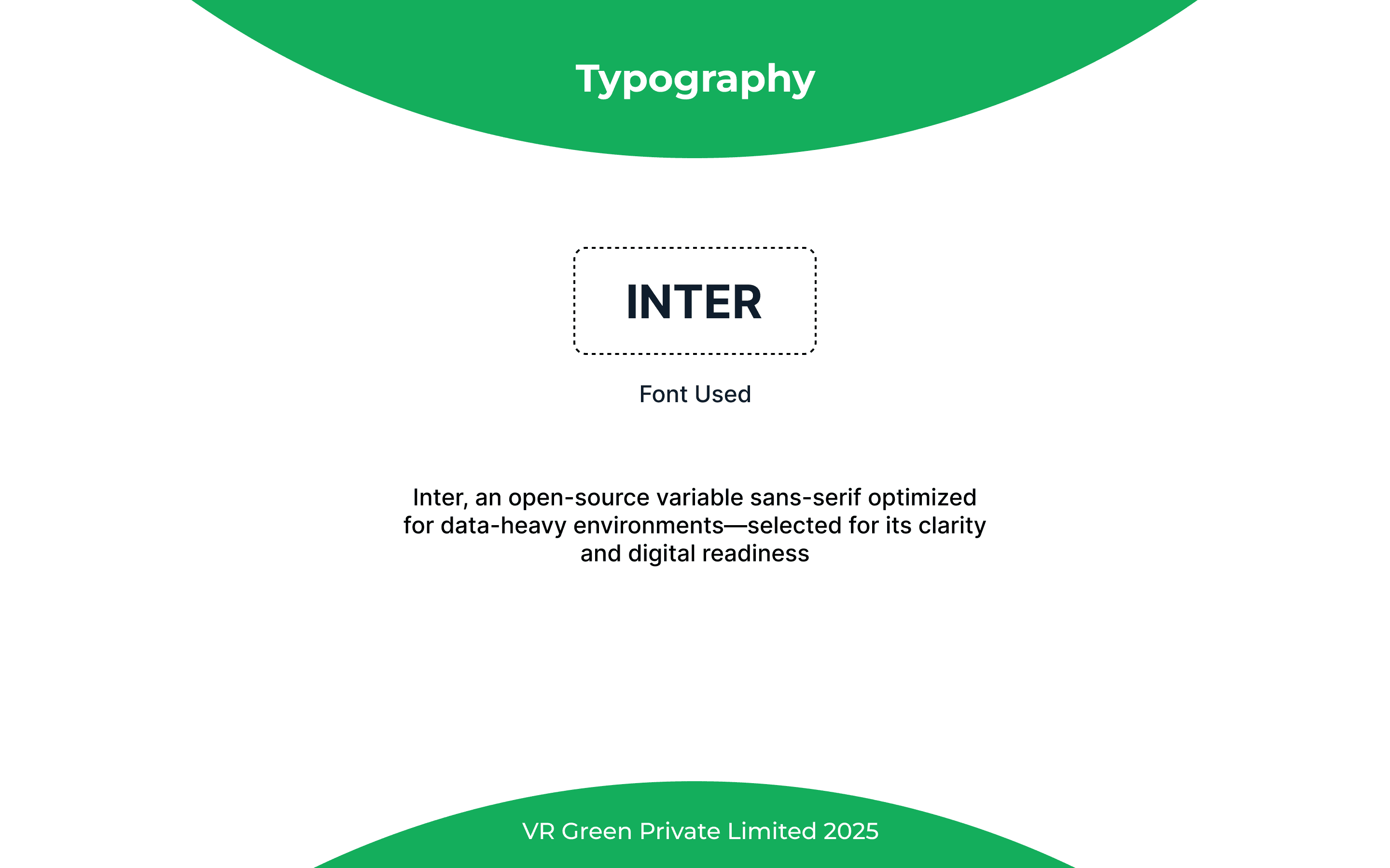 Typography specimen — INTER displayed in a dashed box with description below, plus a side-by-side breakdown of the font variations and sizes used
